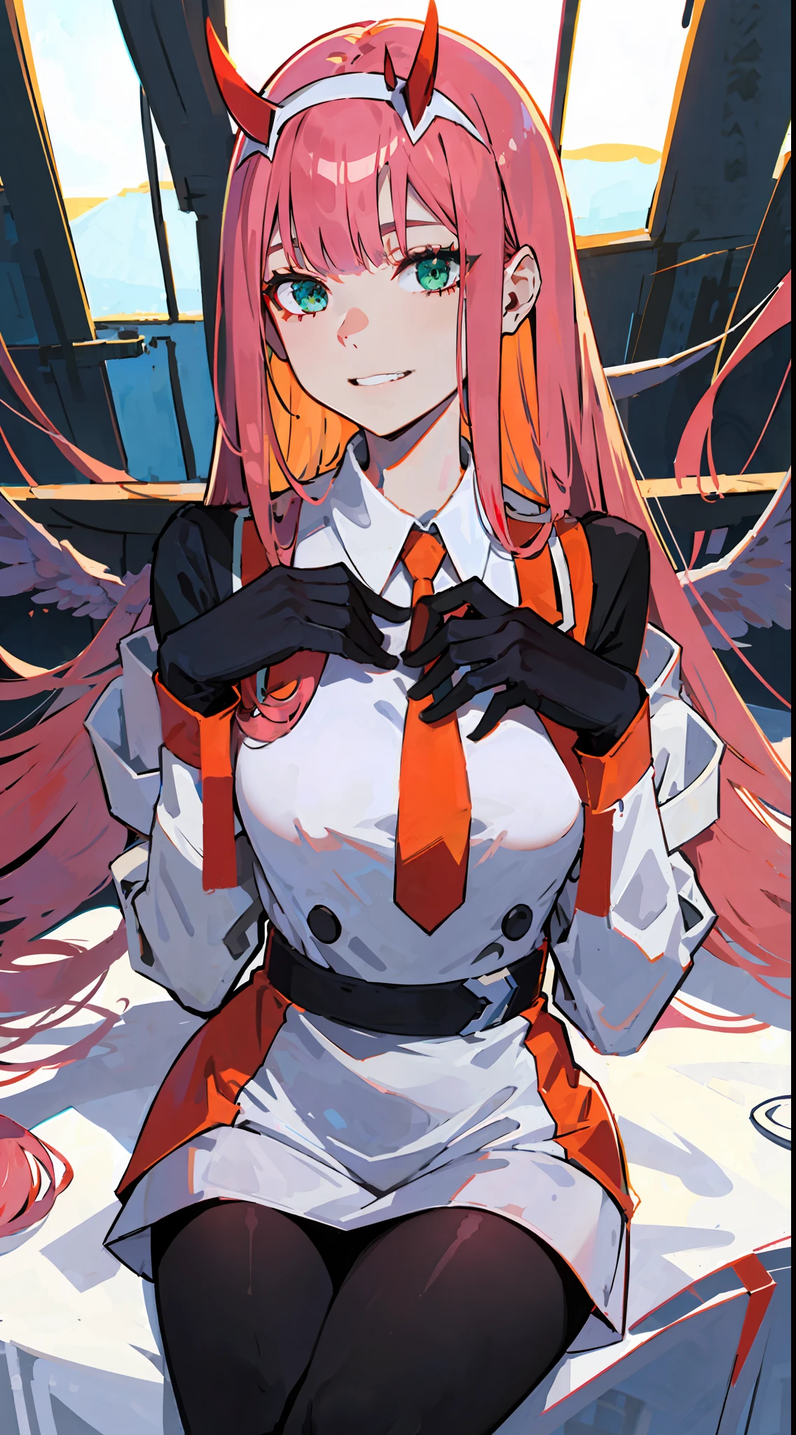 zero two \(darling in franxx\), darling in franxx, 1woman, smiling, sitting, bangs, biting, shadow, green eyes, hair behind head, horns, long hair, makeup, small breasts, red dress, orange tie, black buttons, belt, pantyhose, big thighs, pink hair, red eyeshadow, detailed background, bed, bedroom