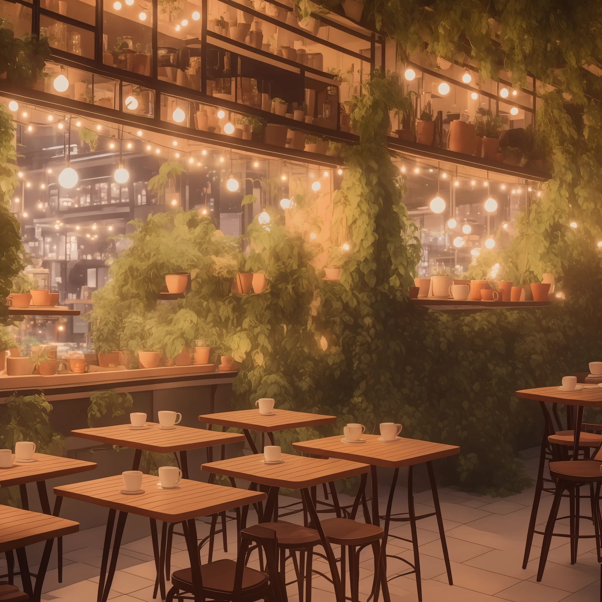 cozy (cafe),warm and neutral colors, ambient lighting,coffee shop,anime, studio ghibli, bokeh lights, --auto --s2