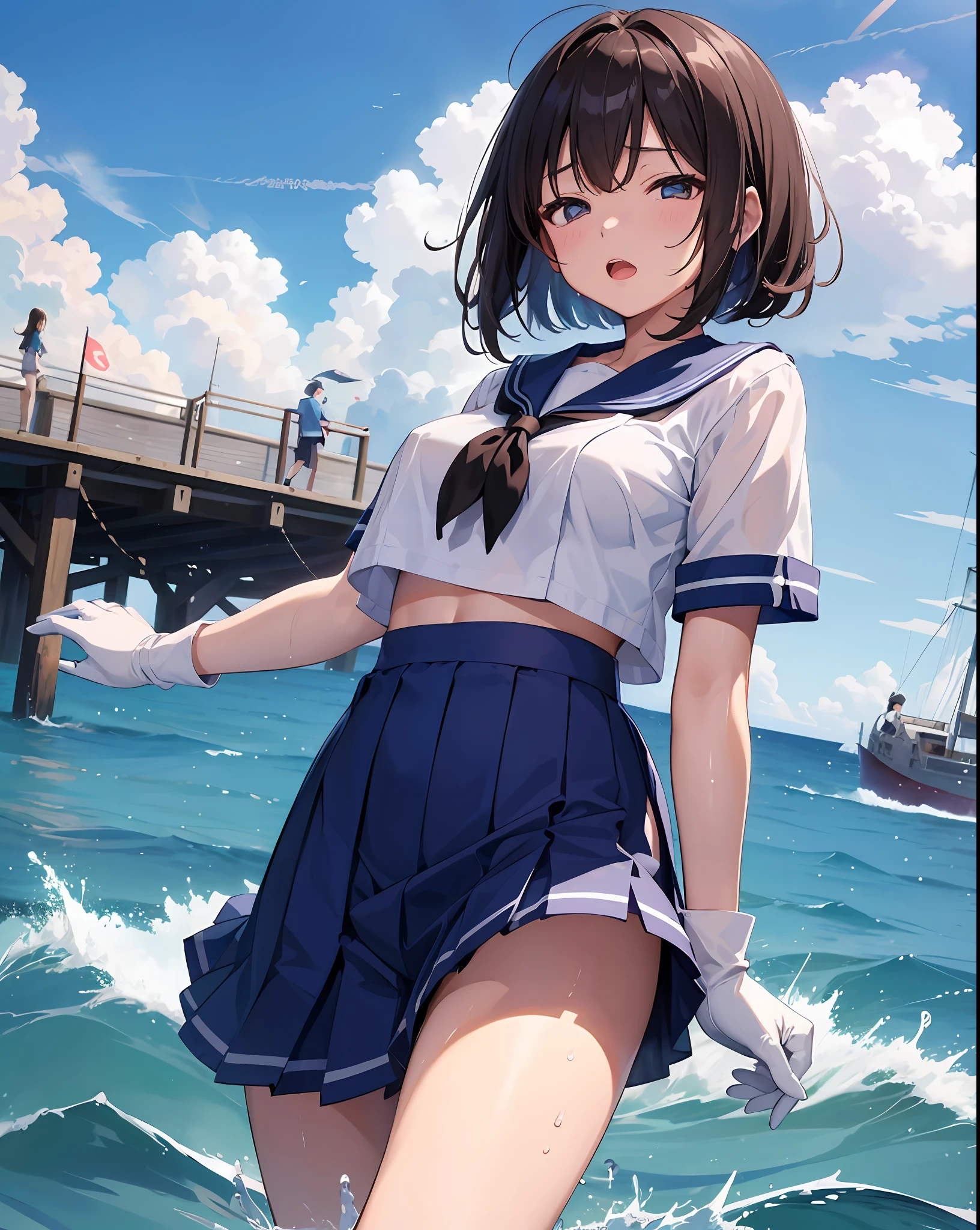 1young_teen_女の子、ロリ、brown_hair、medium_bob_hair、blue_midriff_baring_sailor_uniform、mini_skirt、short_sleeve、太もも、big_tits,closed_eyes, 笑顔、open_mouth、立っている,harbor_background、spread_legs、幸せ、NSFW、short_gloves, wet,transparent,covered_nipples, covered_crotch, under_tits,