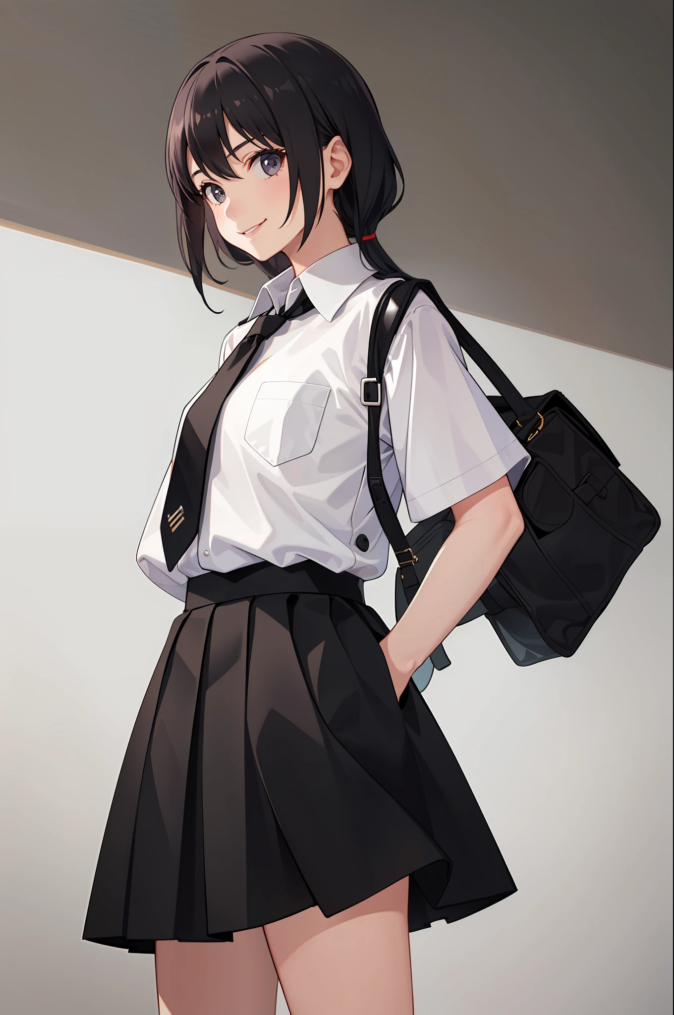 1 girl, smile, shirt, skirt, (small) chiralism,