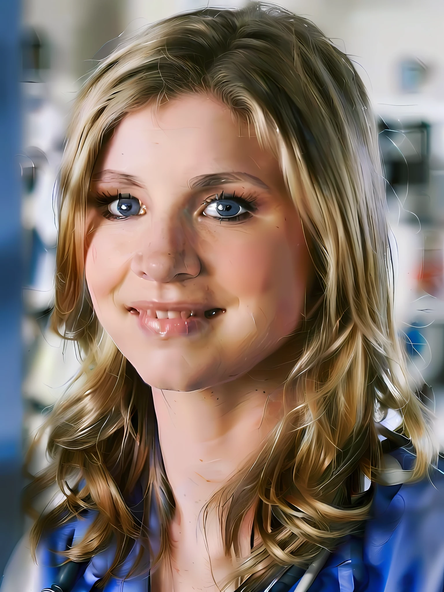 Cinematic film still, full body photo of Sarah Chalke, wearing blue scrubs, doctors white coat, ((detailed facial features)), (hospital:1.2), (cold colors), intricate details, cinematic lighting, reflections, photographed on a Canon EOS R5, 50mm lens, F/2.8, HDR, 8k resolution, ((cinematic film still from Scrubs))