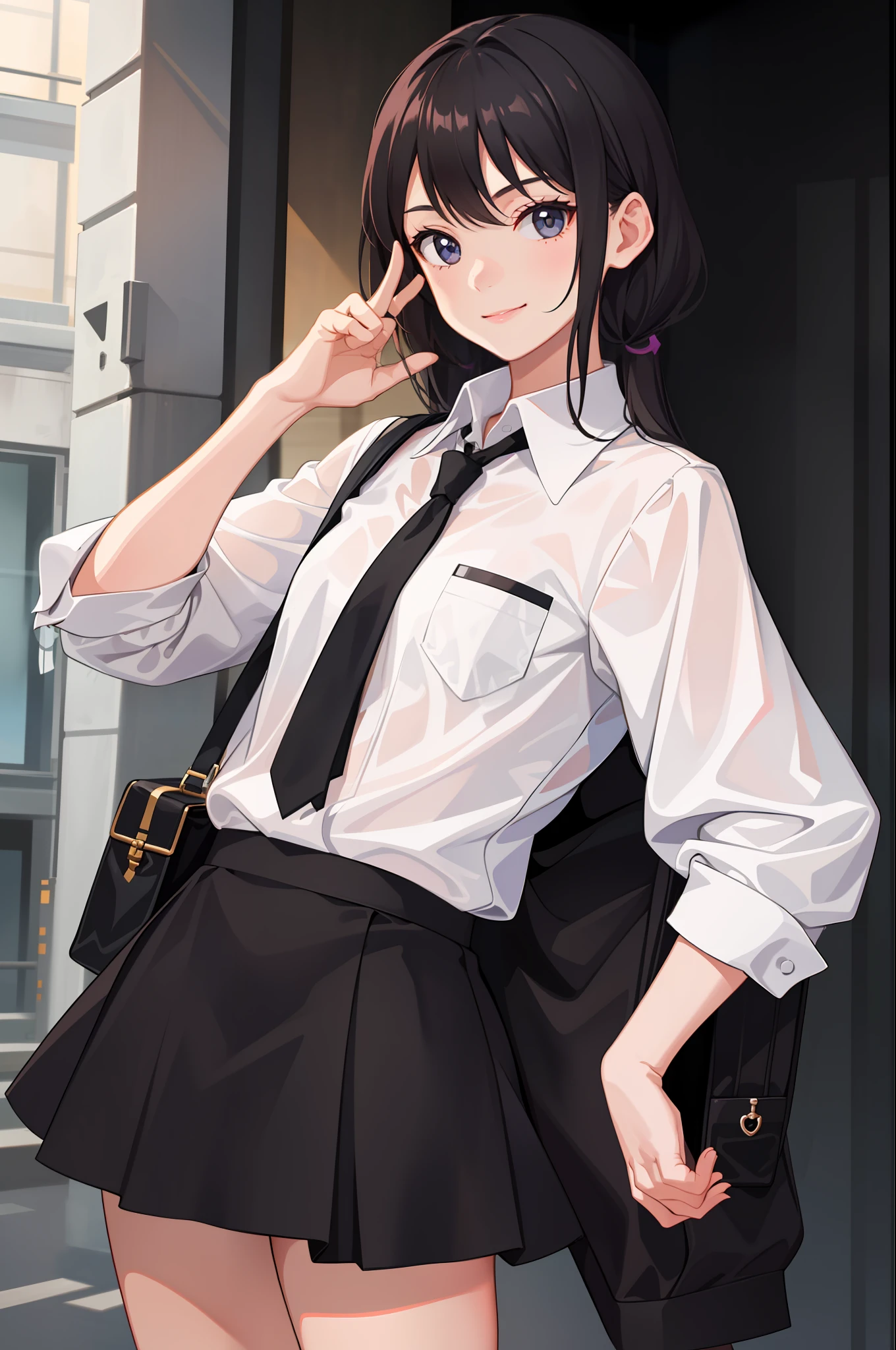 1 girl, smile, shirt, skirt, (small) chiralism,
