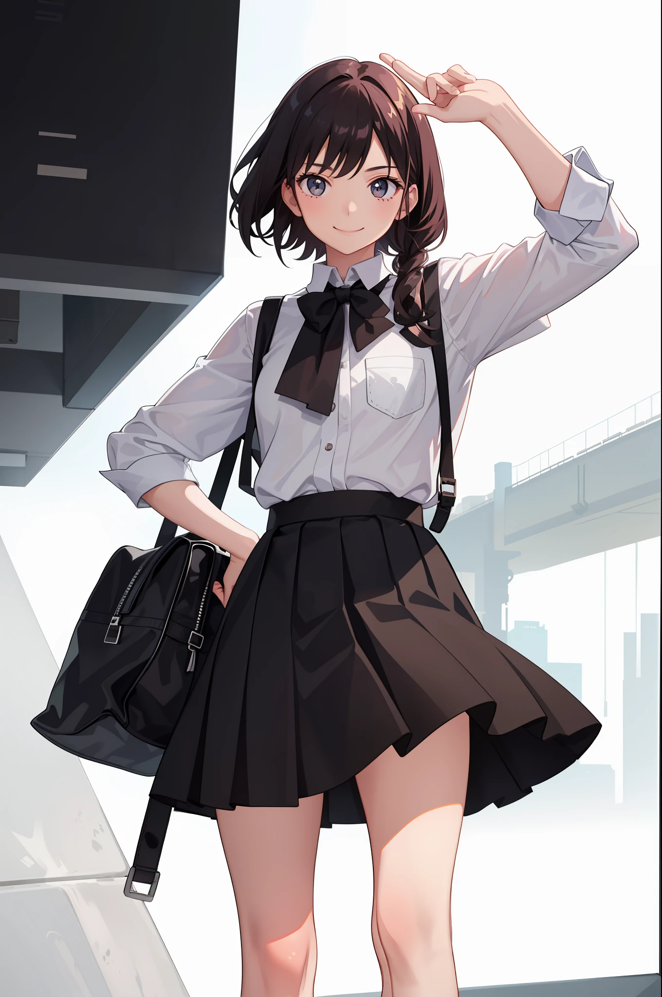 1 girl, smile, shirt, skirt, (small) chiralism,