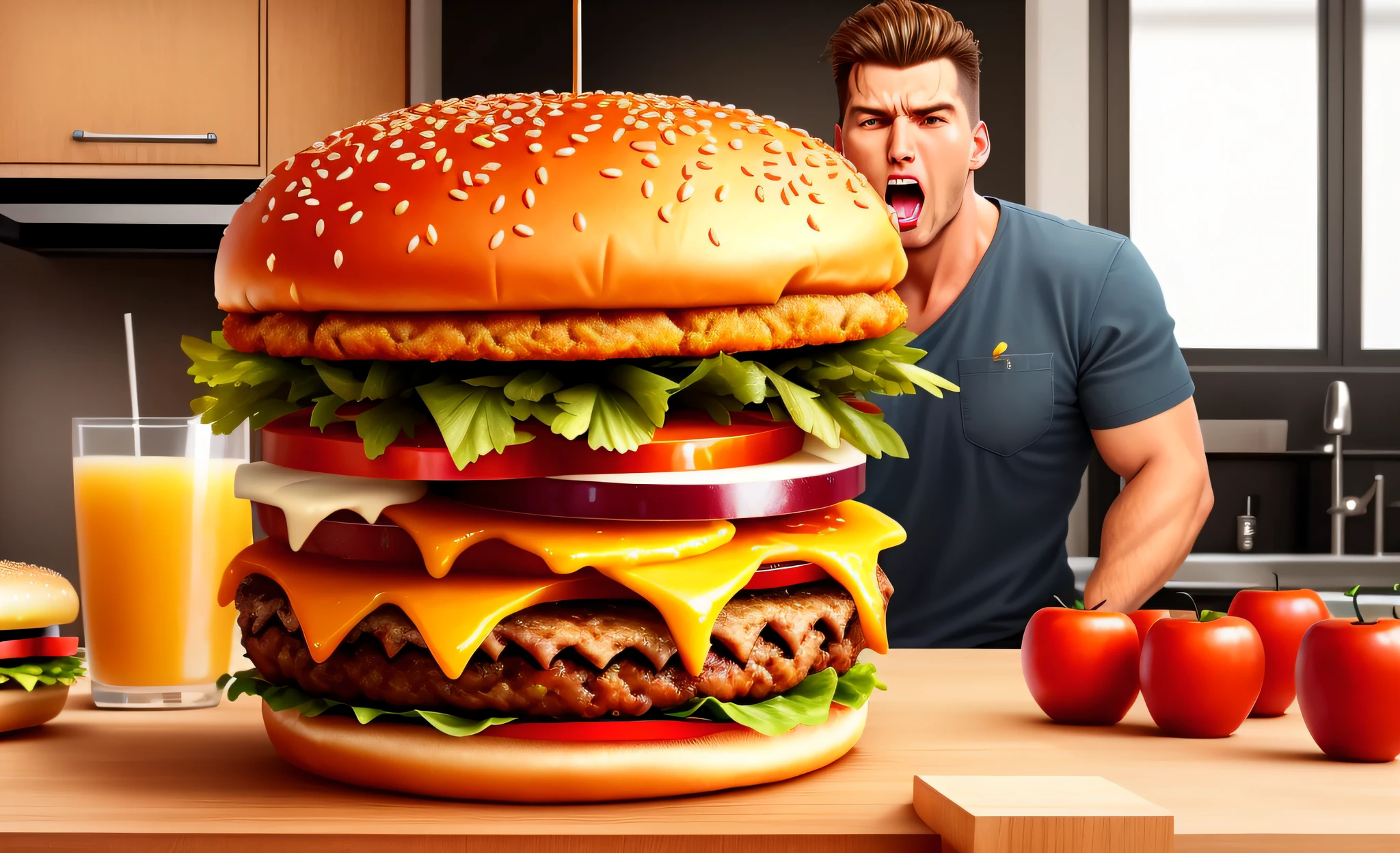 giant burger on top of a kitchen countertop, super realistic food image, an amazed open-mouthed man, hyper realistic nonsense, hyper-real rendering, a hyper realistic illustration.