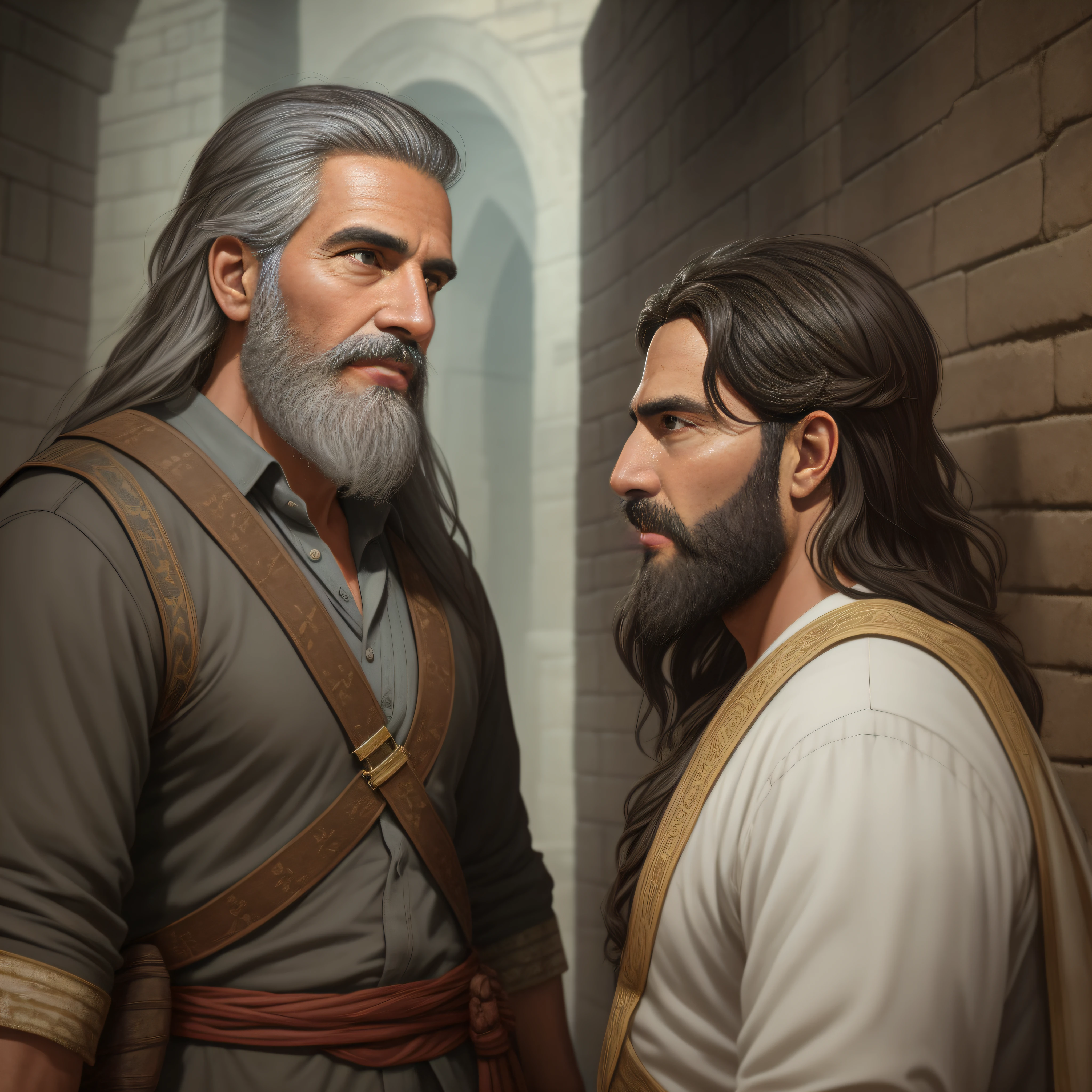 A memorable scene from an ancient city, where a young man, 30 years old, short black hair and brown eyes, has a deep conversation with a wise old man with long gray hair and beards. The environment is immersive with realistic details and the lighting is perfect for adding drama and depth to the scene.