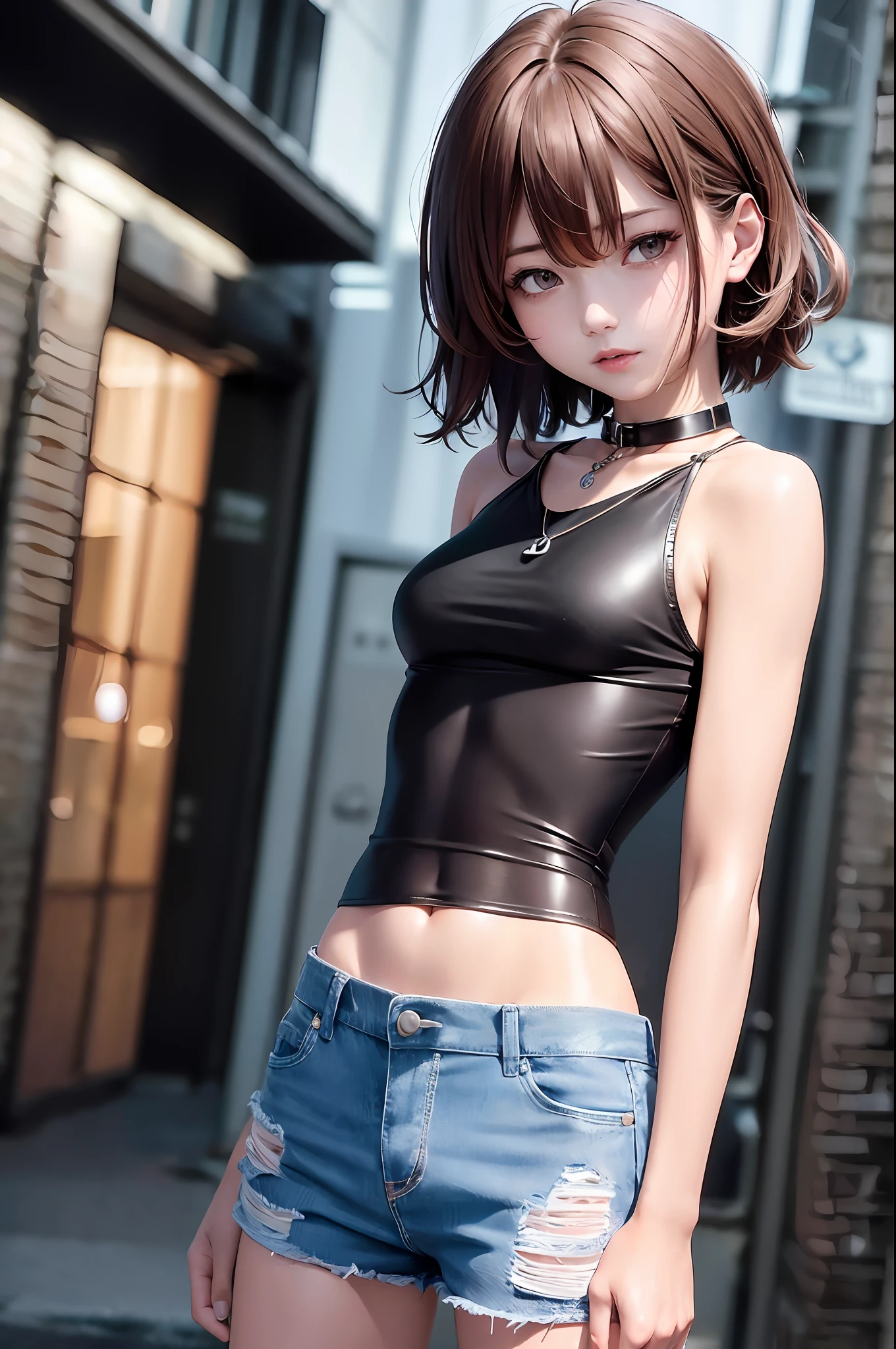 ((medium breast, tomboy girls, small head)), daylight, sunlight, (chiseled abs : 1.1), (perfect body : 1.1), (short wavy hair : 1.2) , auburn hair, collar, chain, full body shot, crowded street, wearing black tanktop, jeans jacket, ((shorts)), (extremely detailed CG 8k wallpaper), (an extremely delicate and beautiful), (masterpiece), (best quality:1.0), (ultra highres:1.0),  beautiful lighting ,perfect lightning, realistic shadows, [highres], detailed skin, ultra-detailed