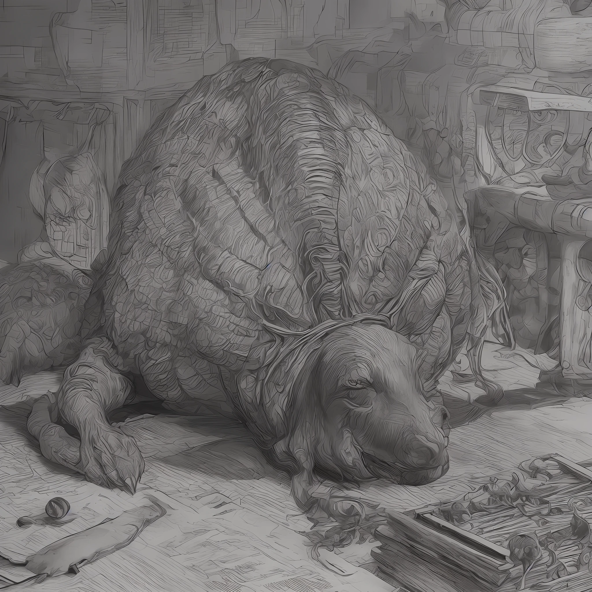 A handmade drawing in black and white on a scroll, a monster, lying on the operating table, anatomy, (4-legged monster with open chest)), masterpiece, detailed, handmade, artbook, pencil, art, (Leonardo da Vinci art), light, autopsy, coroner, perfect, super detailed, catacomb, castle