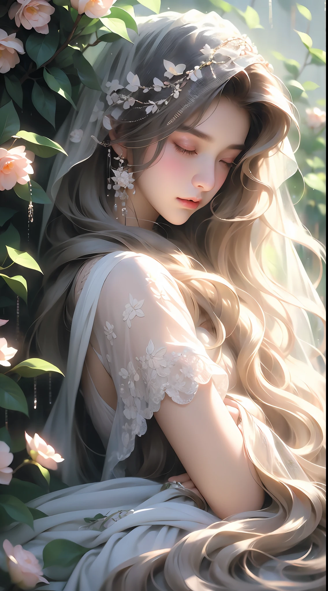 1 girl, full body photo, flaxen hair, flowing hair, hazy beauty, extremely beautiful facial features, white embroidered dress, hairpin on head, lying in a flower bush, hand dragging chin, perfect hand, camellia, (spring, rainy day, butterfly, cliff), simple vector art, contemporary Chinese art, soft light, entangled scarf, looking down