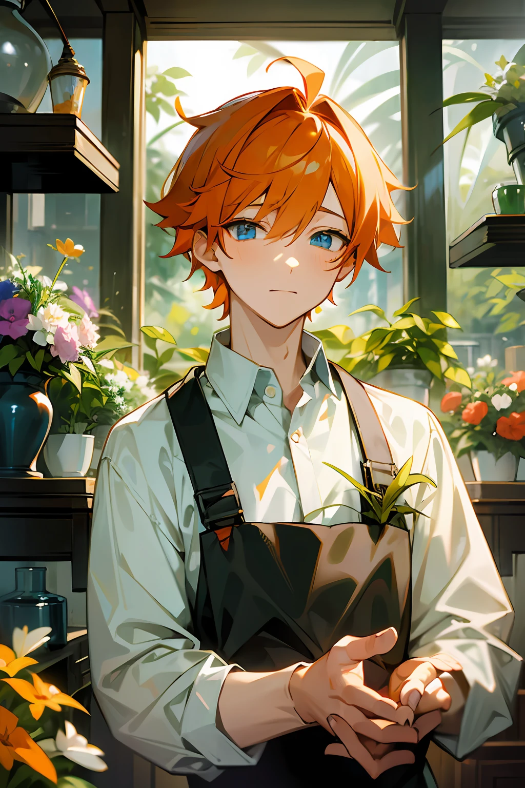 (masterpiece, best quality), 1 boy, shy, orange hair, blue eyes, florist, in a flower shop, very scary, bright colors