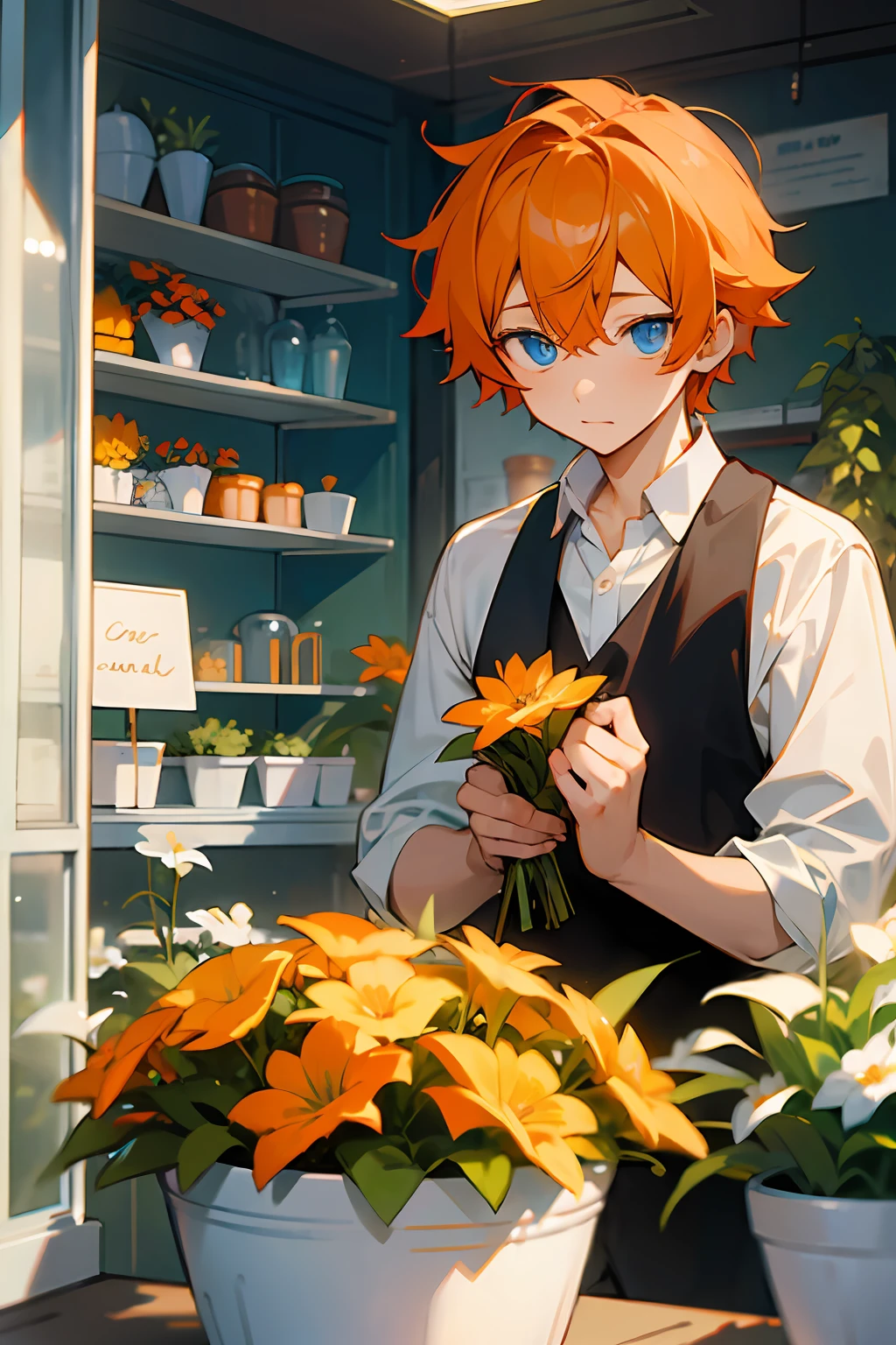 (masterpiece, best quality), 1 boy, shy, orange hair, blue eyes, florist, in a flower shop, very scary, bright colors