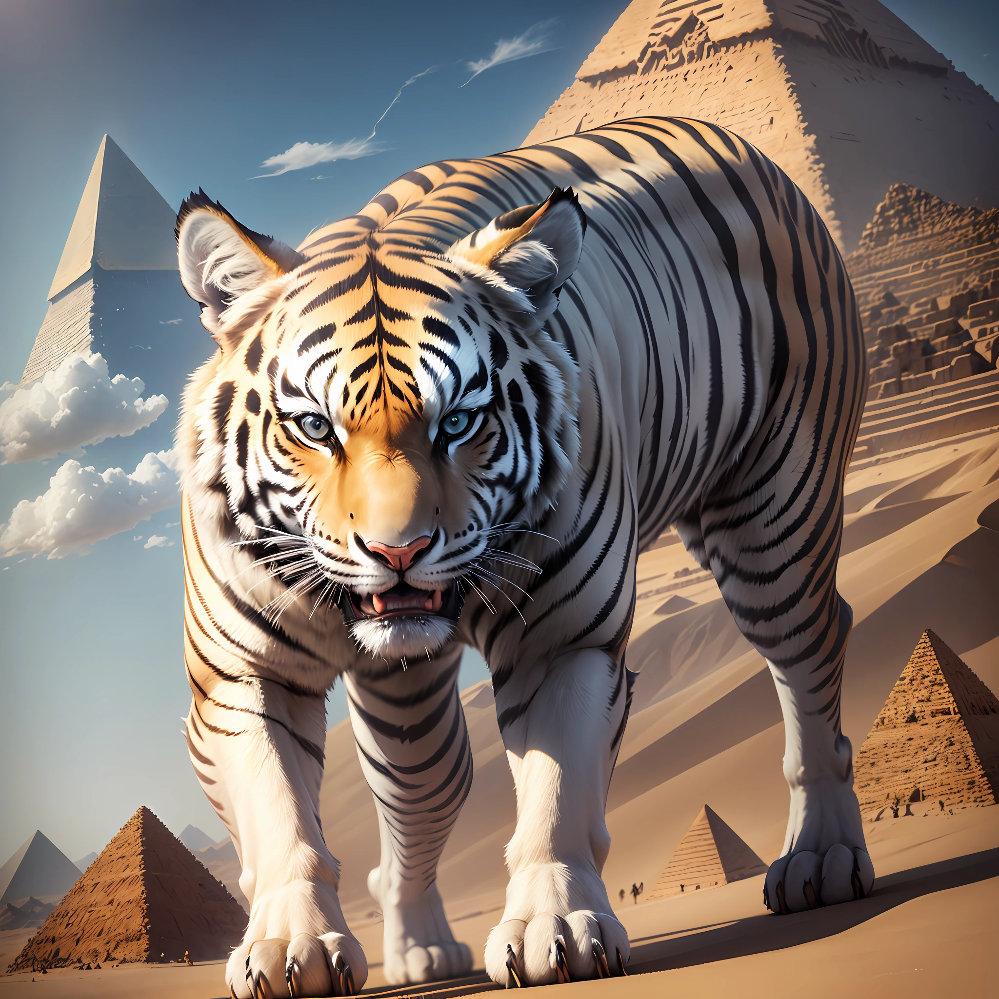 running in front of a pyramid with a pyramid in the background, white tiger, 3D render and matte painting, animal photo of digital art, egyptian environment, egyptian, anthropomorphic tiger, tigerman, majestic matte painting, tiger_beast, king of the desert, depicted as a 3D render, tiger, in matte painting, pouring --auto --s2