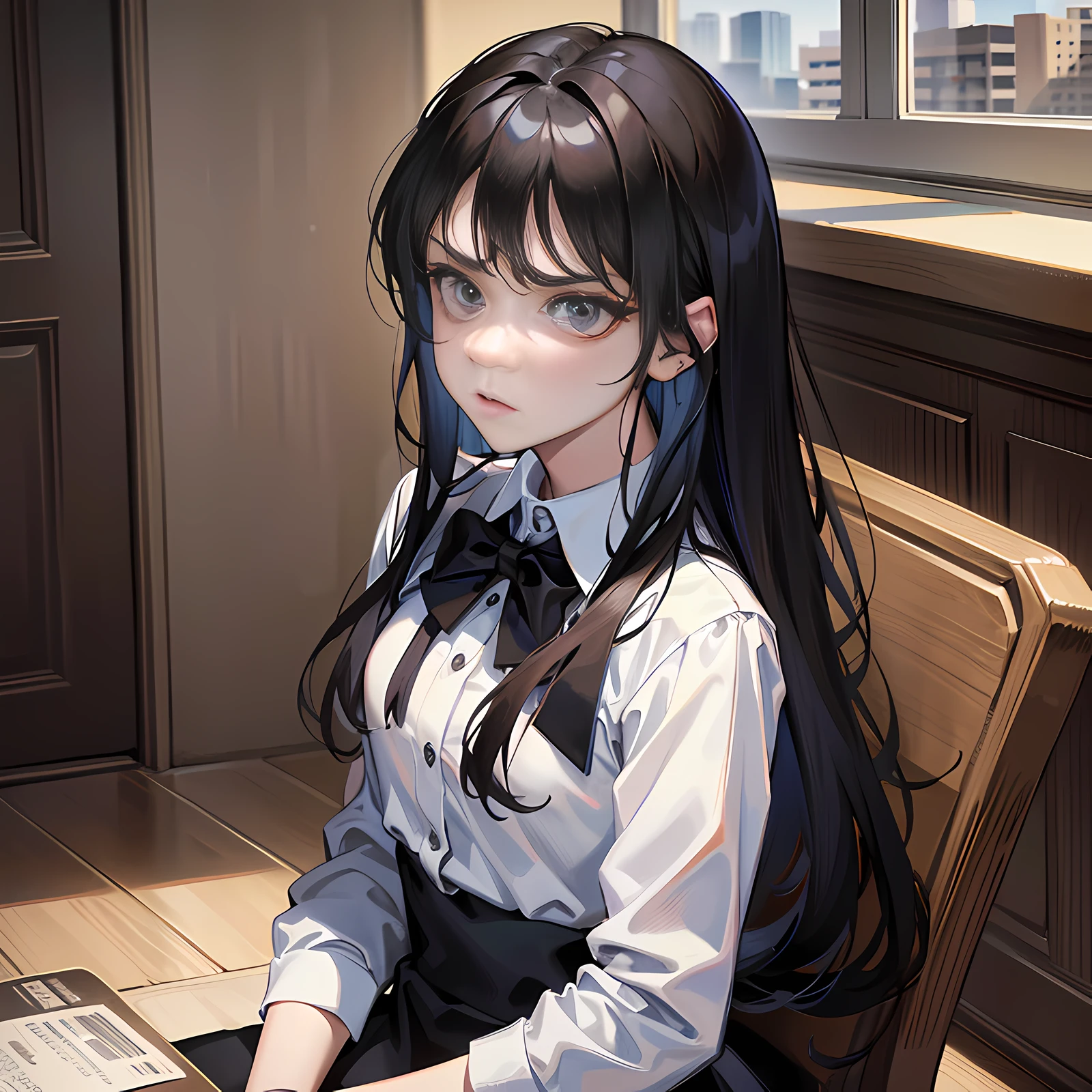 In the courthouse, on the seat, there is a girl standing up, long black hair, alarmed, angry, super detailed, 4k, white, no bow tie, super detailed,