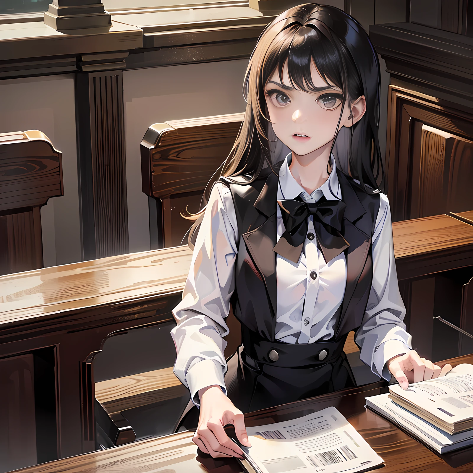 In the courthouse, on the seat, there is a girl standing up, long black hair, alarmed, angry, super detailed, 4k, white, no bow tie, super detailed,