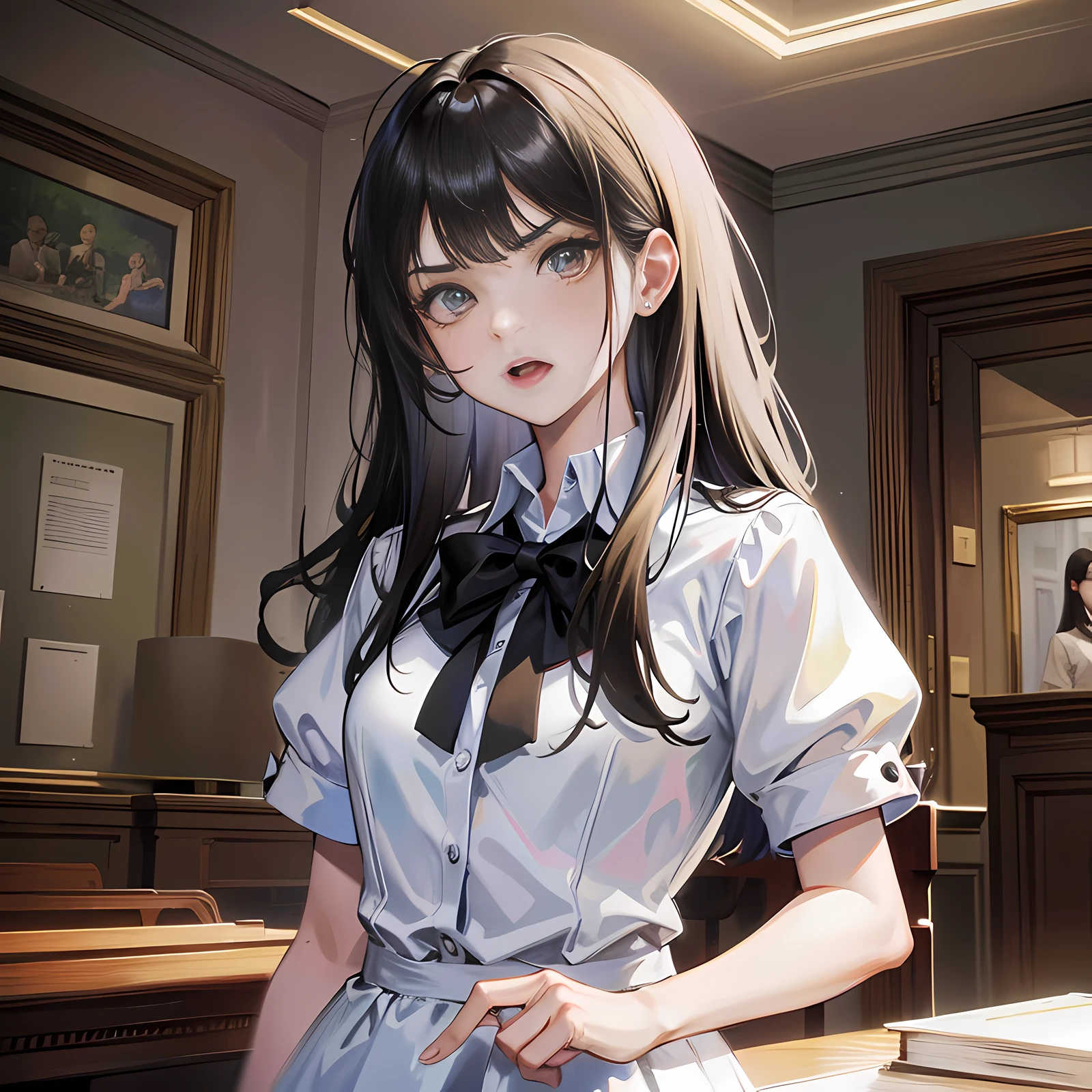 In the courthouse, on the seat, there is a girl standing up, long black hair, alarmed, angry, super detailed, 4k, white, no bow tie, super detailed,