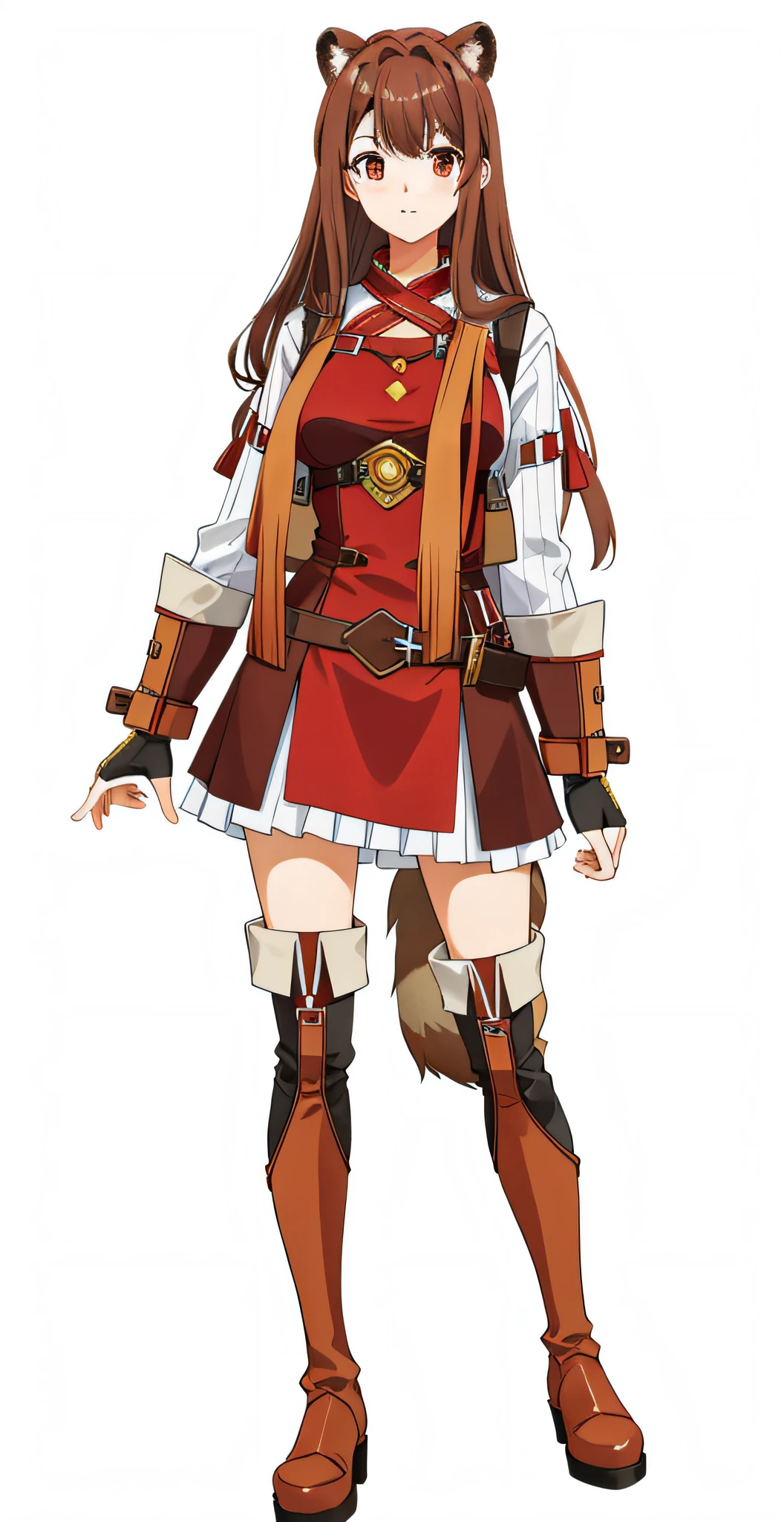 Woman in a red dress and brown boots, full body, brown hair, brown eyes, tanuki ears, well-made hands, big breasts, big hips