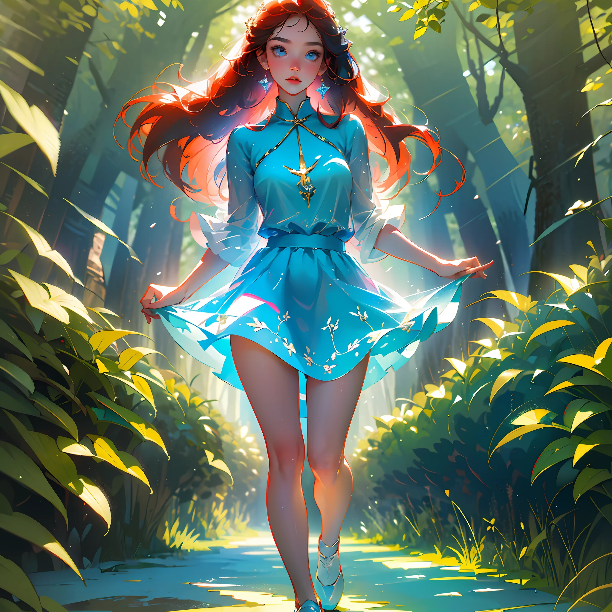 (masterpiece, best quality) 1.5, 1girl, solo, (sexy, beautiful woman, perfect face, perfect eyes) , winx drawing bloom fairy, bright blue skirt, bright blue top, white sneakers, walking in the forest, (blue eyes, red hair) --auto --s2