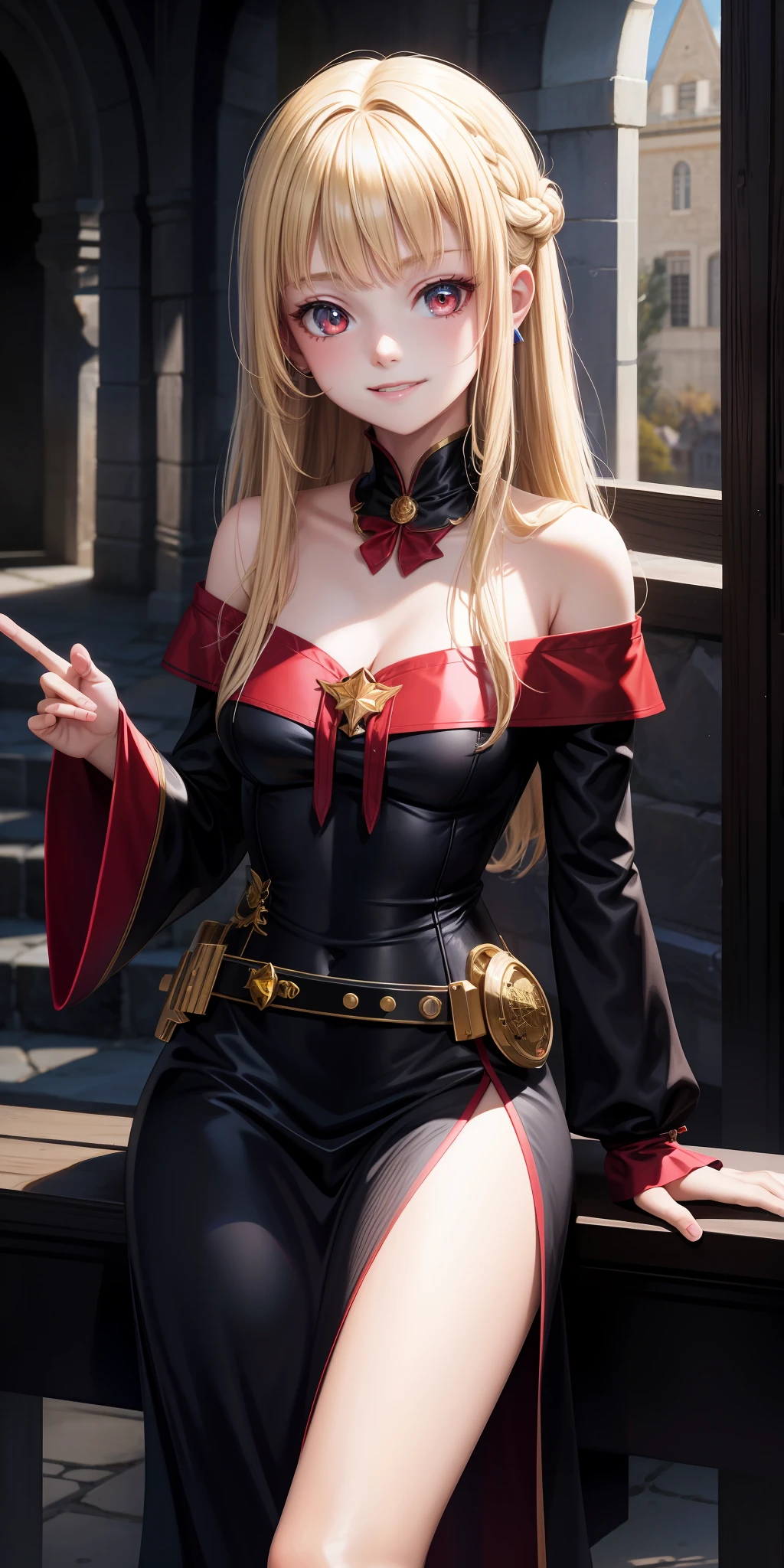 young girl alone, blonde, red eyes, wizard, off-shoulder, beauty, beautiful, little smile, western castle