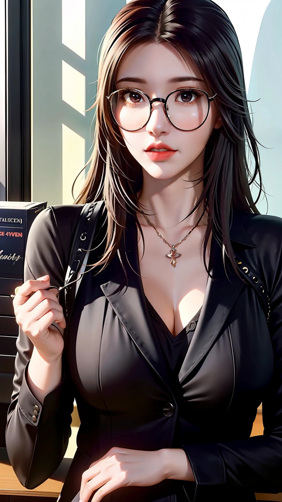 (character details + style) female teacher, (detail) half-body, holding glasses frames, (lens effect + lighting + scene) light and shadow interlaced, by the window, the sun is warm, bookshelves are dazzling, students' desks are scattered with teaching stationery and textbooks, classroom air is fresh, black JK