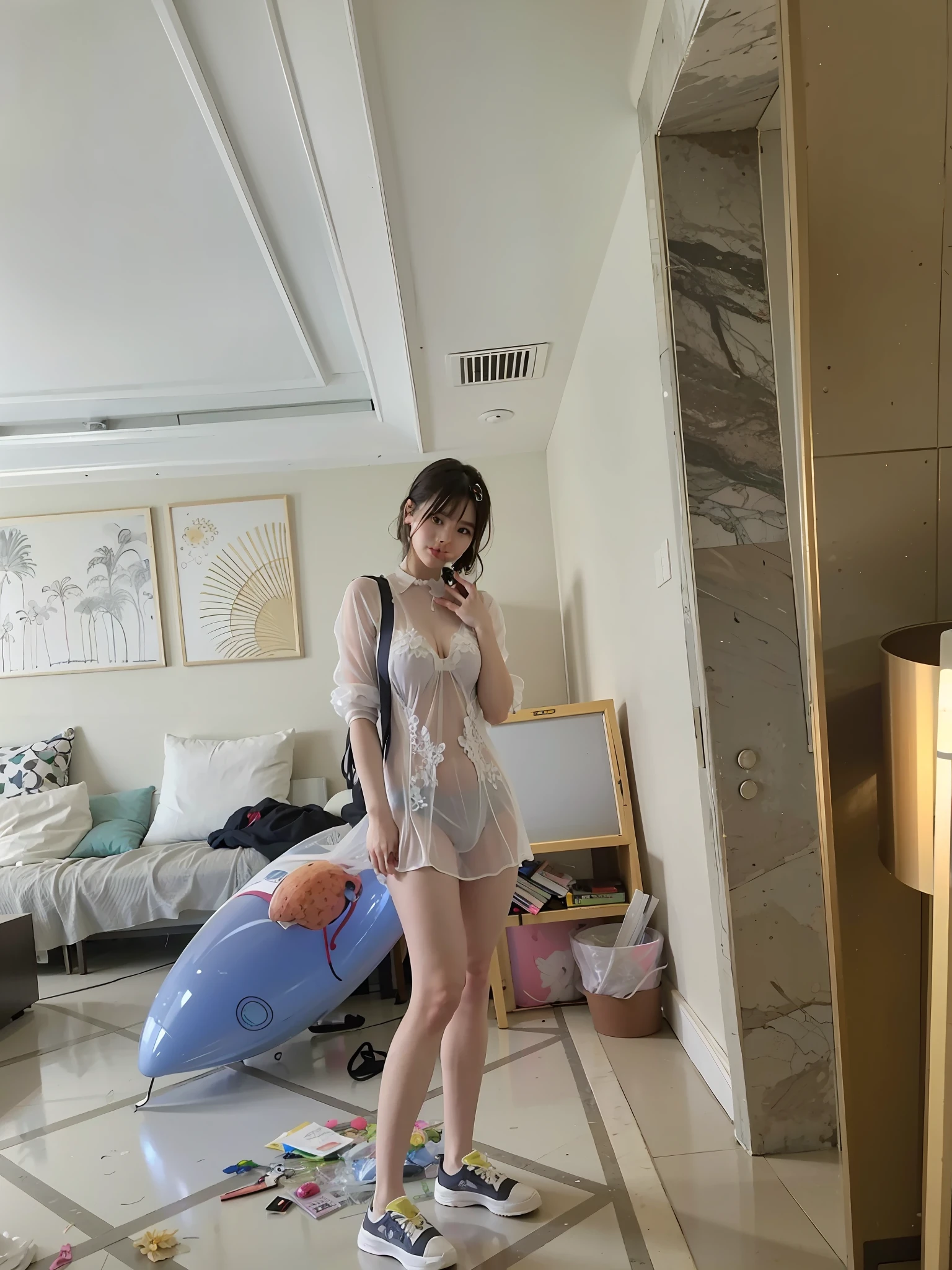 Big tits. Sheer shirt. The tip sticks out. Areola prominence. The shape of the pubic region is clearly visible. Girl. Transparent, wet, gradient, sexy swimsuit.