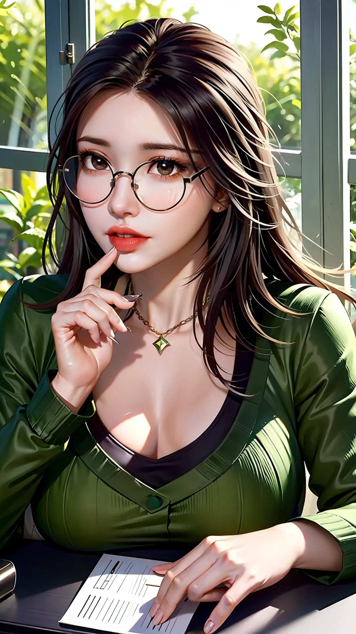 Character details + style) female teacher, (detail) half-body, holding glasses frames, (lens effect + lighting + scene) light and shadow interlaced, next to the window, the sun is warm, through the flowers and green, the bookshelves are dazzling, the students' desks are scattered with teaching stationery and textbooks, and the classroom air is fresh.