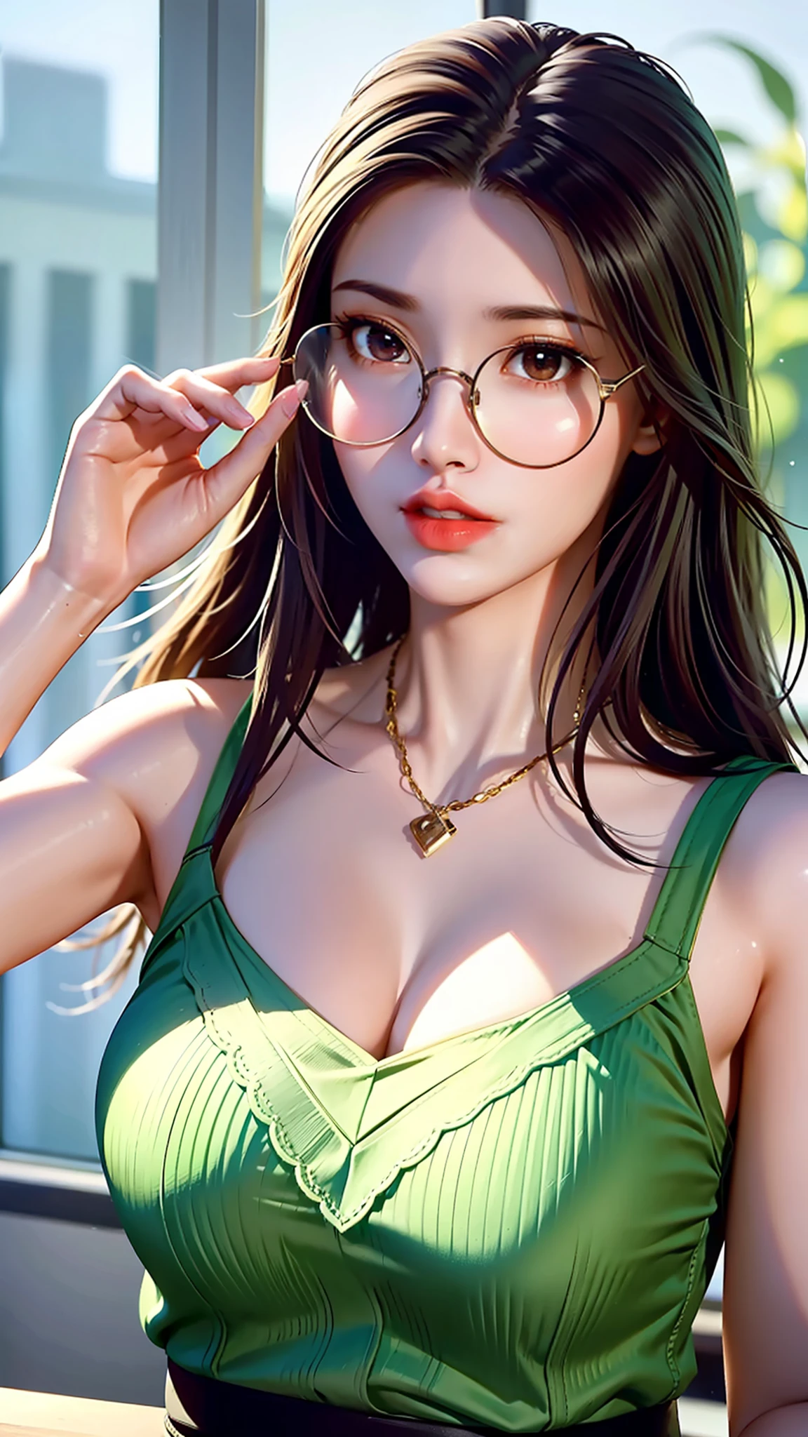 Character details + style) female teacher, (detail) half-body, holding glasses frames, (lens effect + lighting + scene) light and shadow interlaced, next to the window, the sun is warm, through the flowers and green, the bookshelves are dazzling, the students' desks are scattered with teaching stationery and textbooks, and the classroom air is fresh.