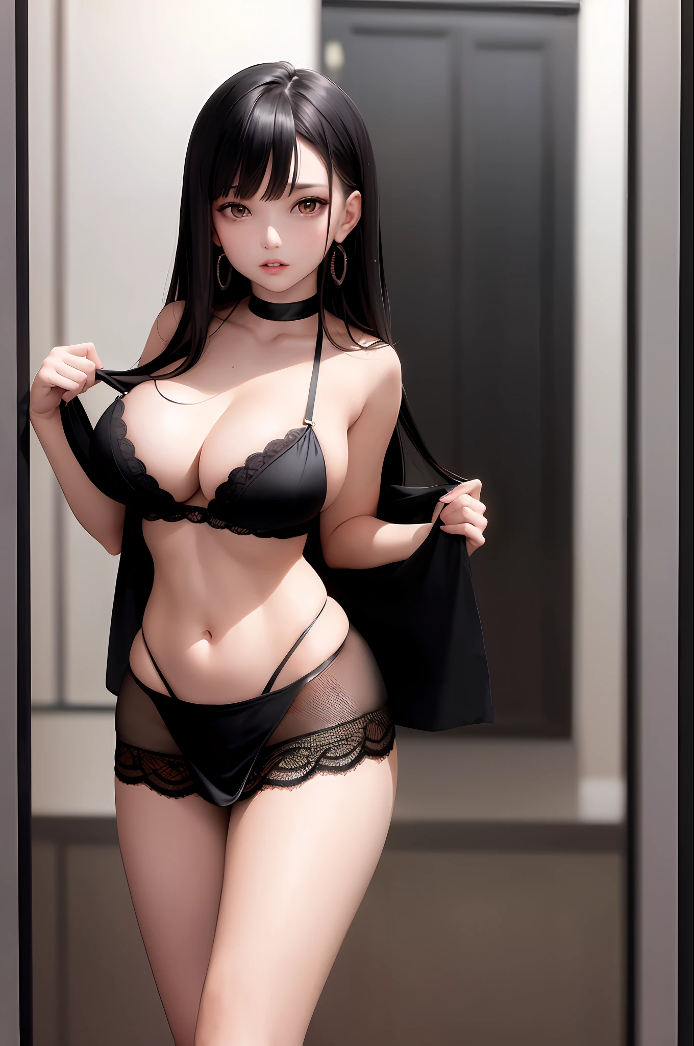 an attractive woman wearing black lingerie and standing up with her back to the camera posing, breasts, large breasts, jewelry, cleavage, earrings, looking at viewer, blurry background, covered navel, dress, black hair, bare shoulders, long hair, parted lips, 1girl, blurry, skindentation