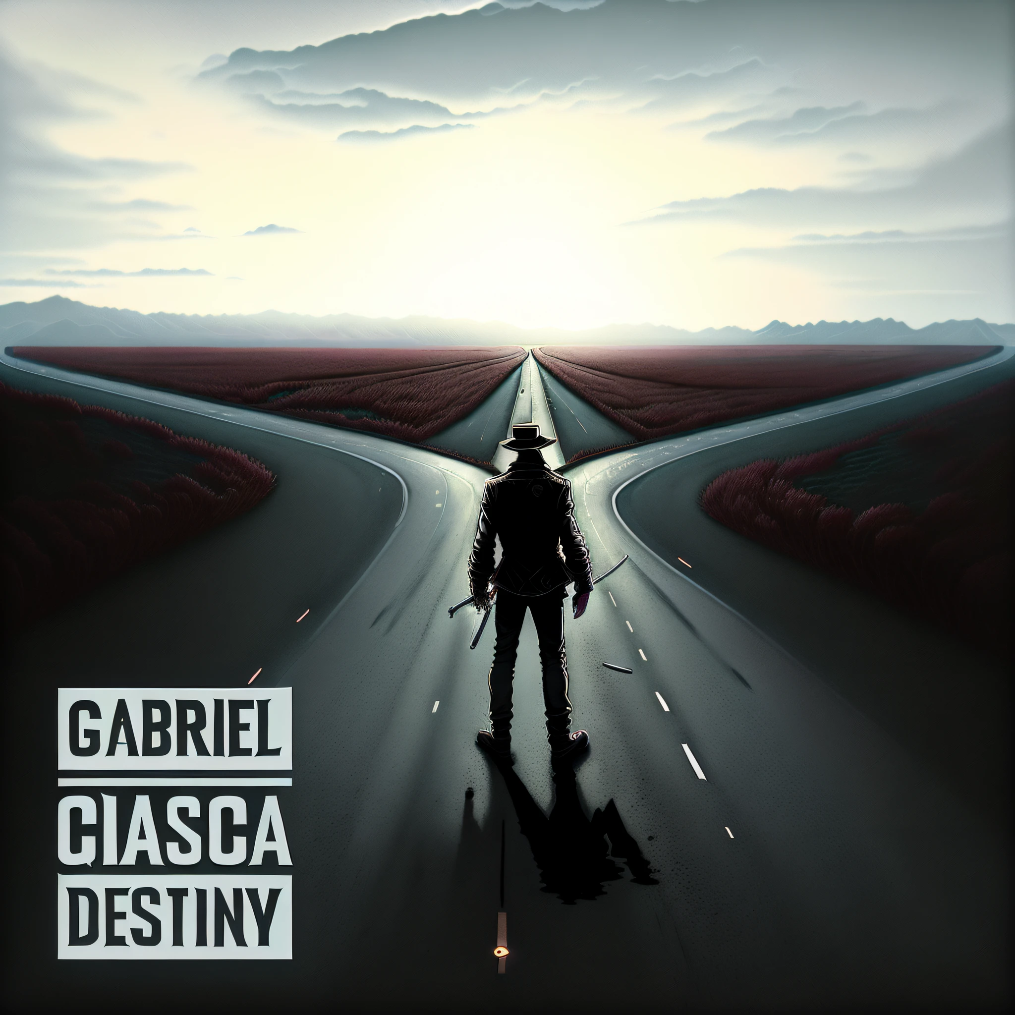 arafed image of a man standing on a road with a fork in the middle, destiny, album cover, promo art, new album cover, album cover!, album artwork, inspired by Giorgio Cavallon, official artwork, music album cover, by Gabriel Ba, album art, inspired by Gabriel Ba, inspired by Slava Raškaj, album art cover