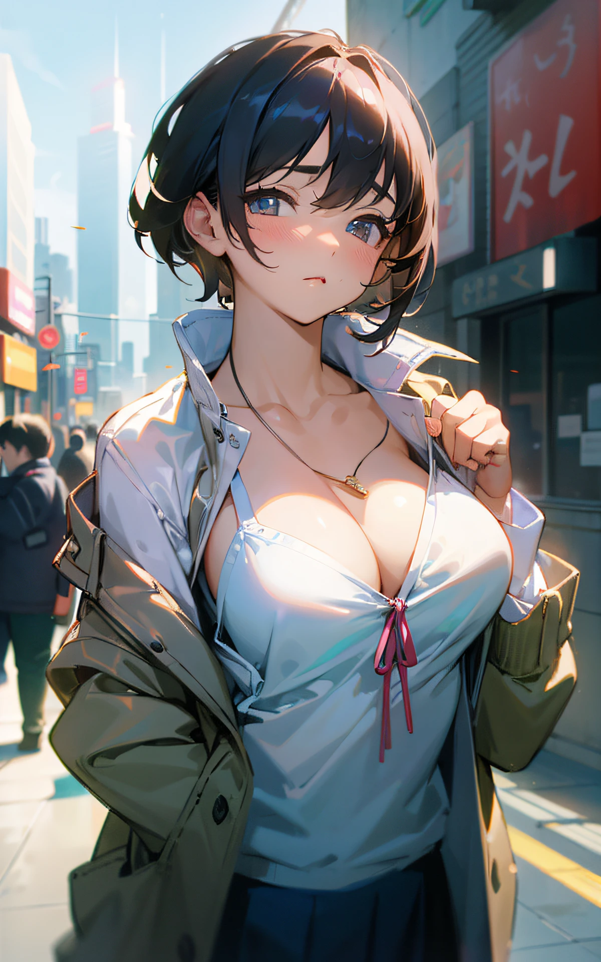 (Original Character、Unity 16K Wallpaper, Masterpiece, Best Quality, Ultra-Detailed, Extremely Detailed, Caustics, Cinematic Lighting, Detailed, Beautiful Detailed Eyes), Ultra High Resolution, fine skin, (busy city、strong light,,flasher、blush、showing chest、skirt、no underwere:1.2,curby)、(brighten the subject、undressing,open clothes),casual、cleavage