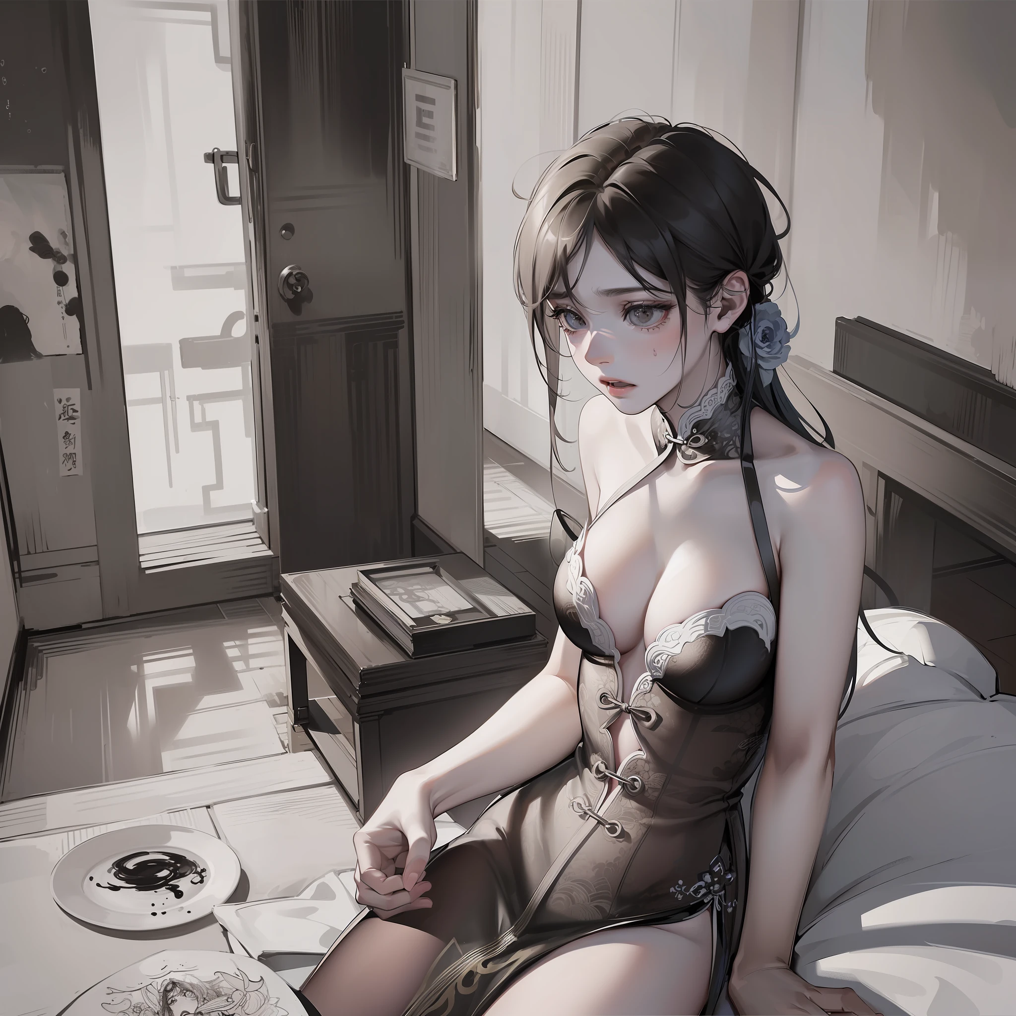 (extremely detailed, realistic imagery), dramatic lighting, (1girl+1boy),(girl with a scared expression,boy looking weak and vulnerable),intense emotions, intimacy, bedroom scene,high saturation, storytelling, (Chinese ink painting filters:1.2)