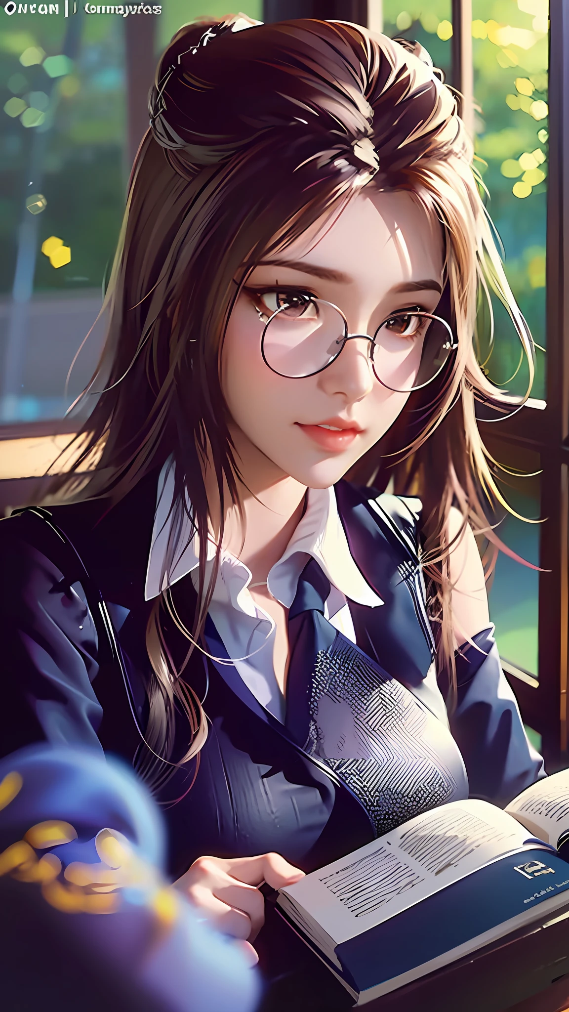 (character details + style) female teacher, (details) half-body, holding glasses frames, (lens effect + lighting + scene) light and shadow interlaced, by the window, the sun is warm, flowers are green, bookshelves are dazzling, students' desks are scattered with teaching stationery and textbooks, and the classroom air is fresh.