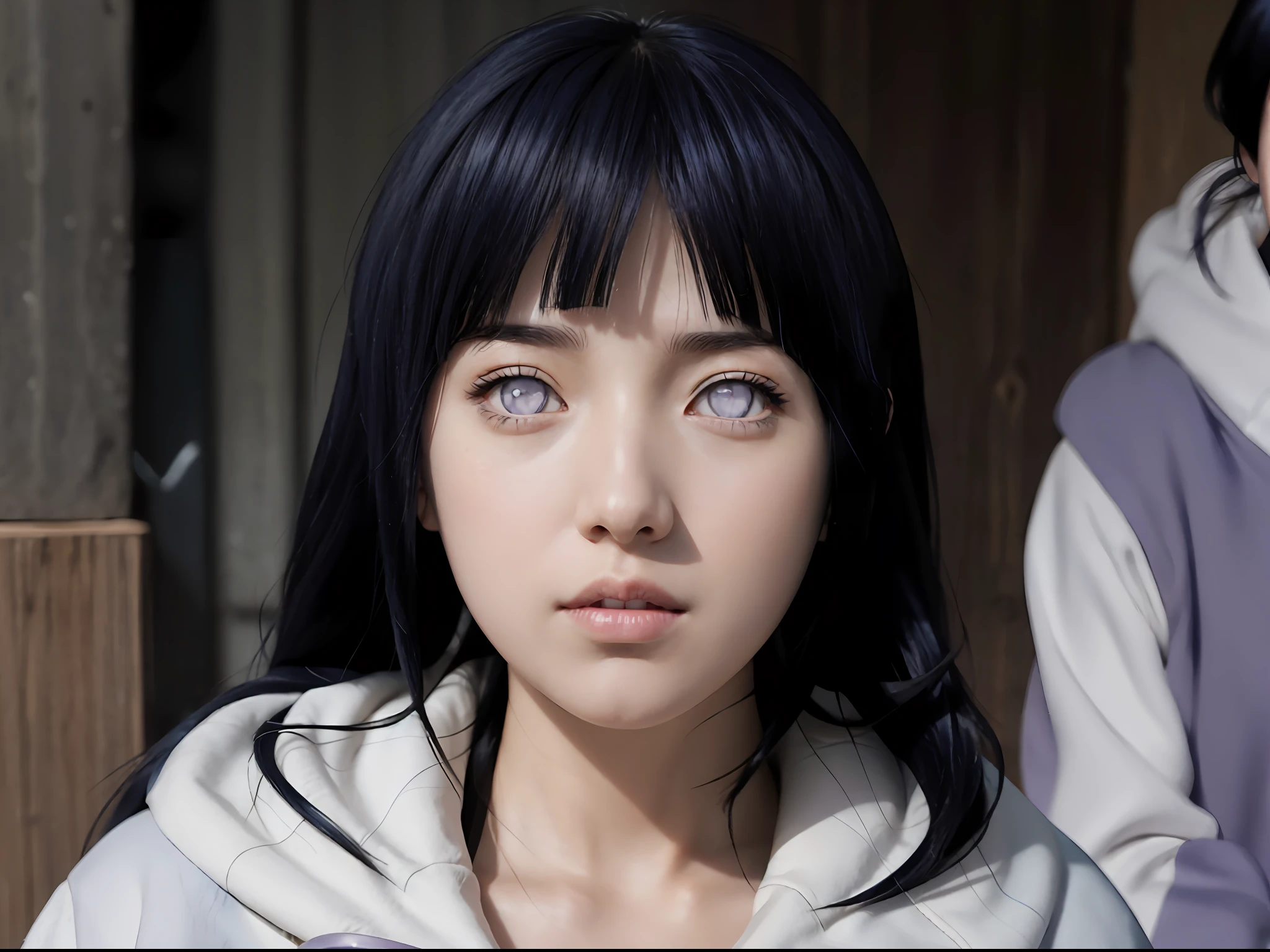 a close up of a person with long hair and a hoodie, hinata hyuga, hinata hyuga from naruto, from naruto, as an anime character, inspired by Maki Haku, perfect anime face, she has dark blue hair with bangs, shikamimi, female anime character, hana yata, anime character, anime best girl, white hime cut hairstyle, dark blue hair, pink lips, light purple eyes