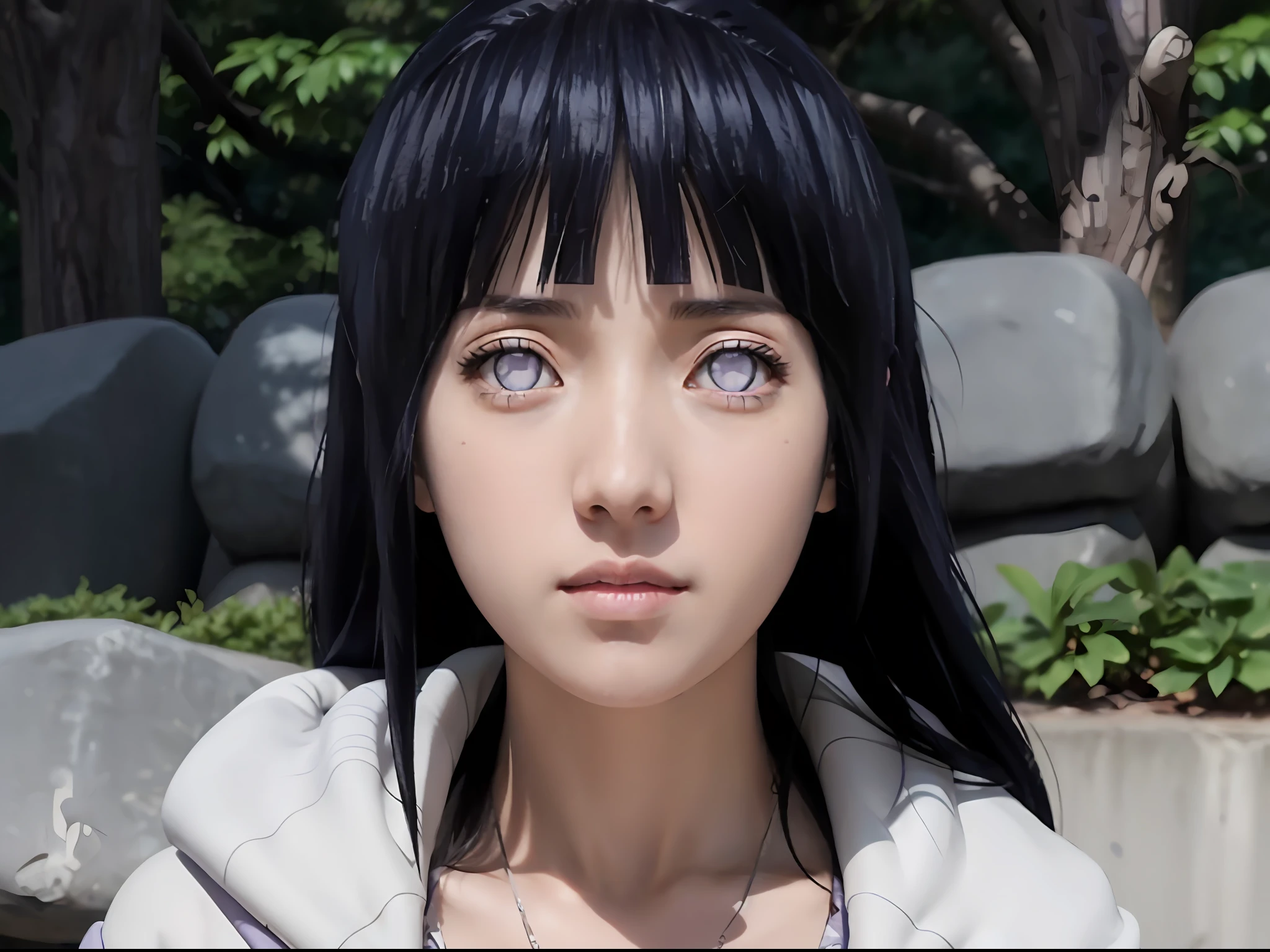 a close up of a person with long hair and a hoodie, hinata hyuga, hinata hyuga from naruto, from naruto, as an anime character, inspired by Maki Haku, perfect anime face, she has dark blue hair with bangs, shikamimi, female anime character, hana yata, anime character, anime best girl, white hime cut hairstyle, dark blue hair, pink lips, light purple eyes