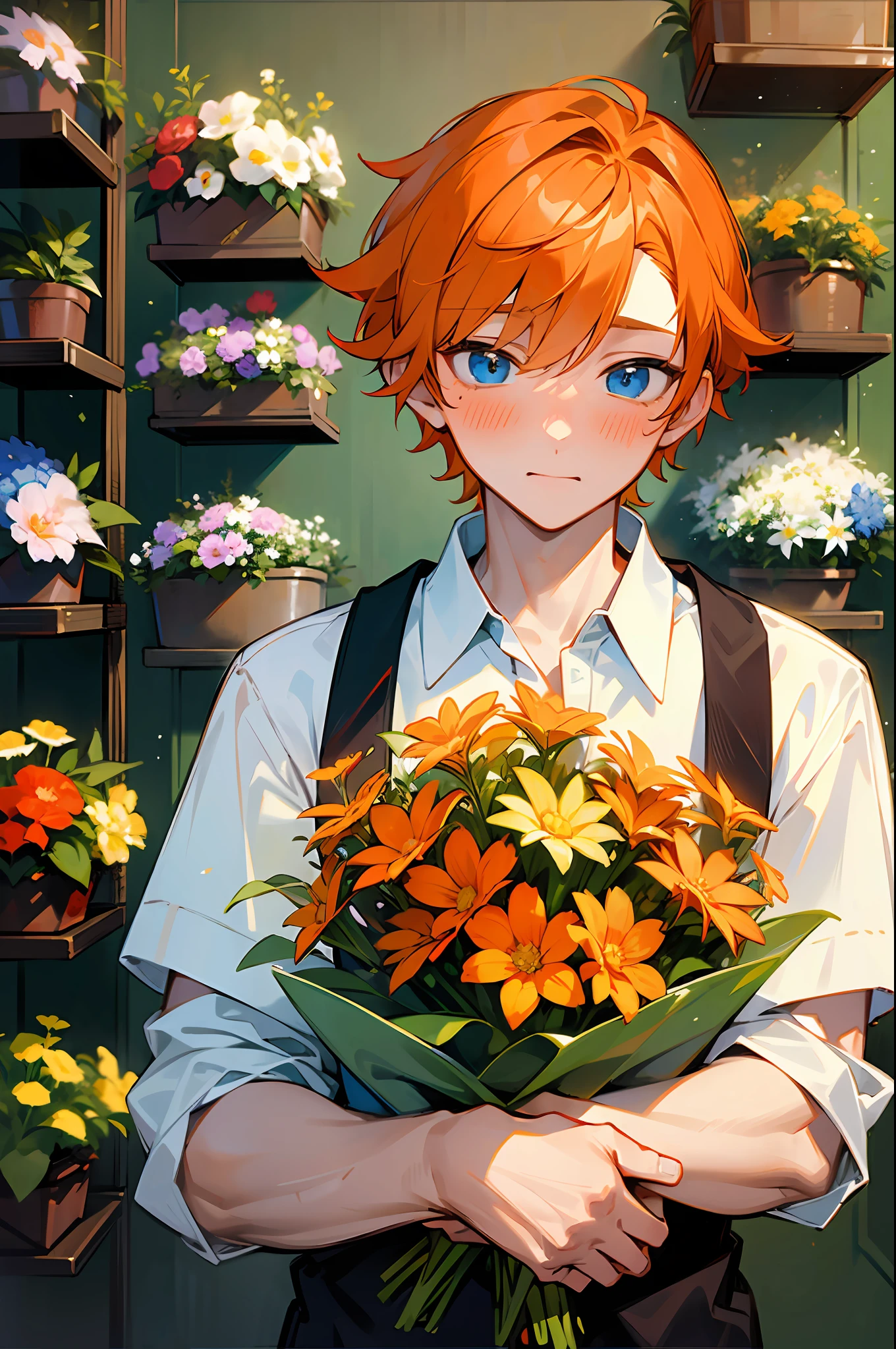 (masterpiece, best quality), 1 boy, shy, orange hair, blue eyes, florist, in a flower shop, blushing, bright colors