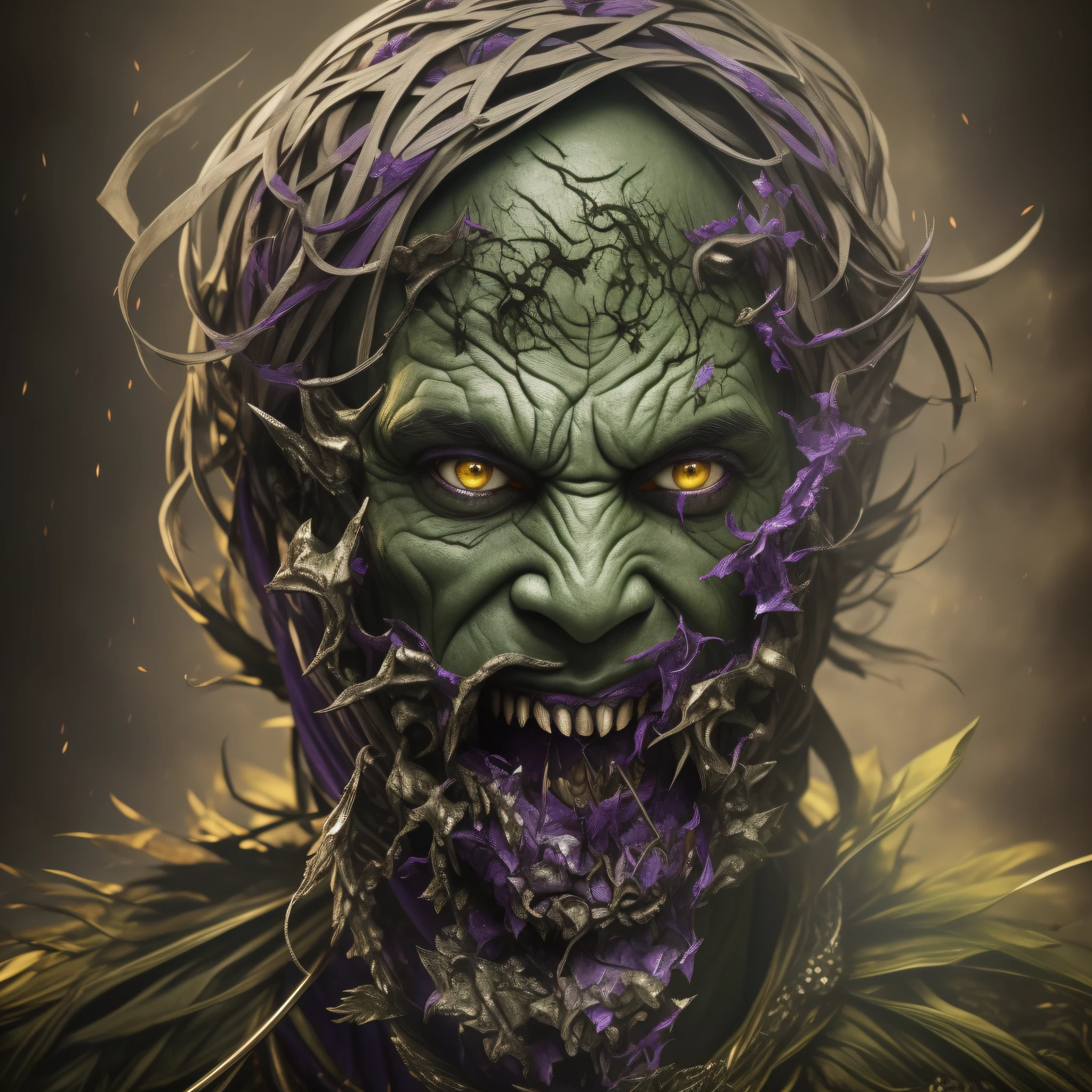 small monster, green and wrinkled skin, claws, rotten teeth, no lips, exposed gums, black eyes, third eye on his forehead, third eye with yellowish sclera and purple iris, hidden in the dark, few strands of gray hair, magical and terrifying, sorcerer, torn robes., Baroque, depth of field, Gothic art, drop shadow, masterpiece, textured skin, high details, high quality --auto --s2