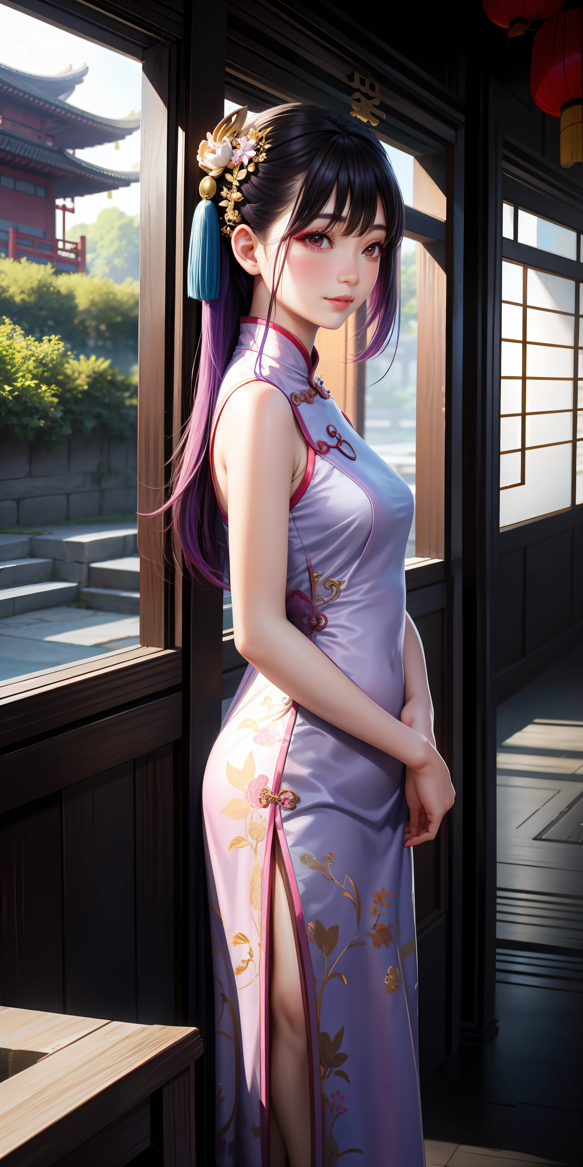 realistic, 1girl, makeup, chinese girl, lips parted, blush, (porcelain dress), light smile, east asian architecture, sun, sunlight, reflection, hair ornament, purple hair