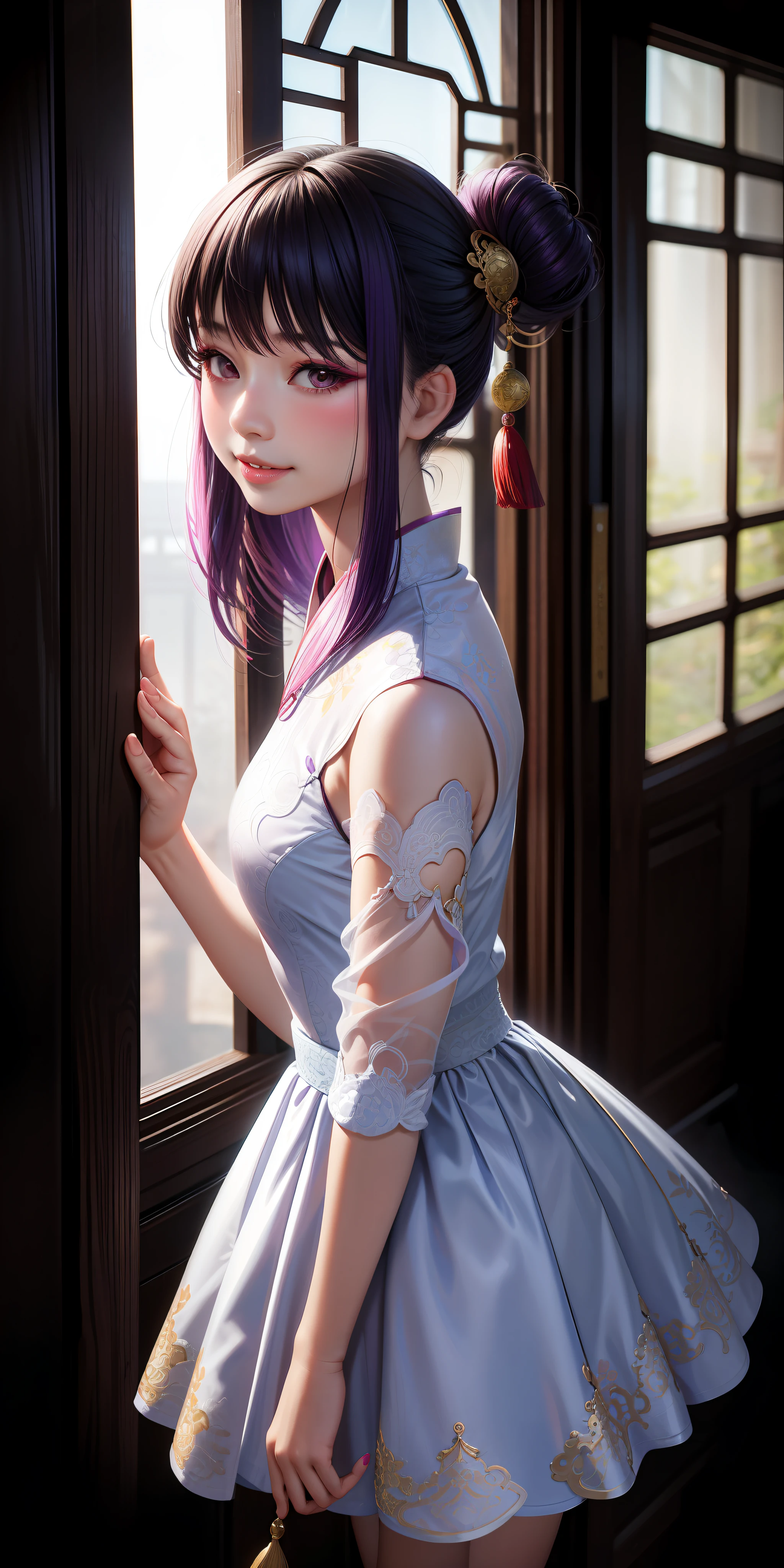 realistic, 1girl, makeup, chinese girl, lips parted, blush, (porcelain dress), light smile, east asian architecture, sun, sunlight, reflection, hair ornament, purple hair