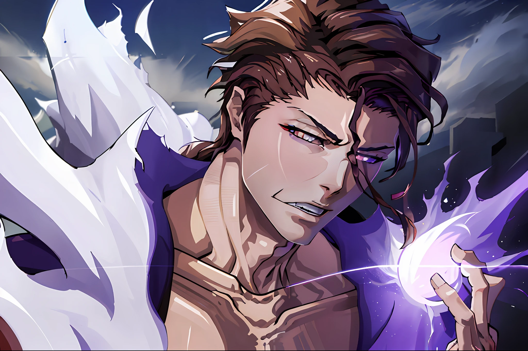 (masterpiece, best quality:1.2),1boy,solo,(Sōsuke Aizen),close up,badass pose,bleach, powerful aura, purple aura,8k,64k, HD, unparalleled masterpiece, dynamic lighting, cinematic, epic