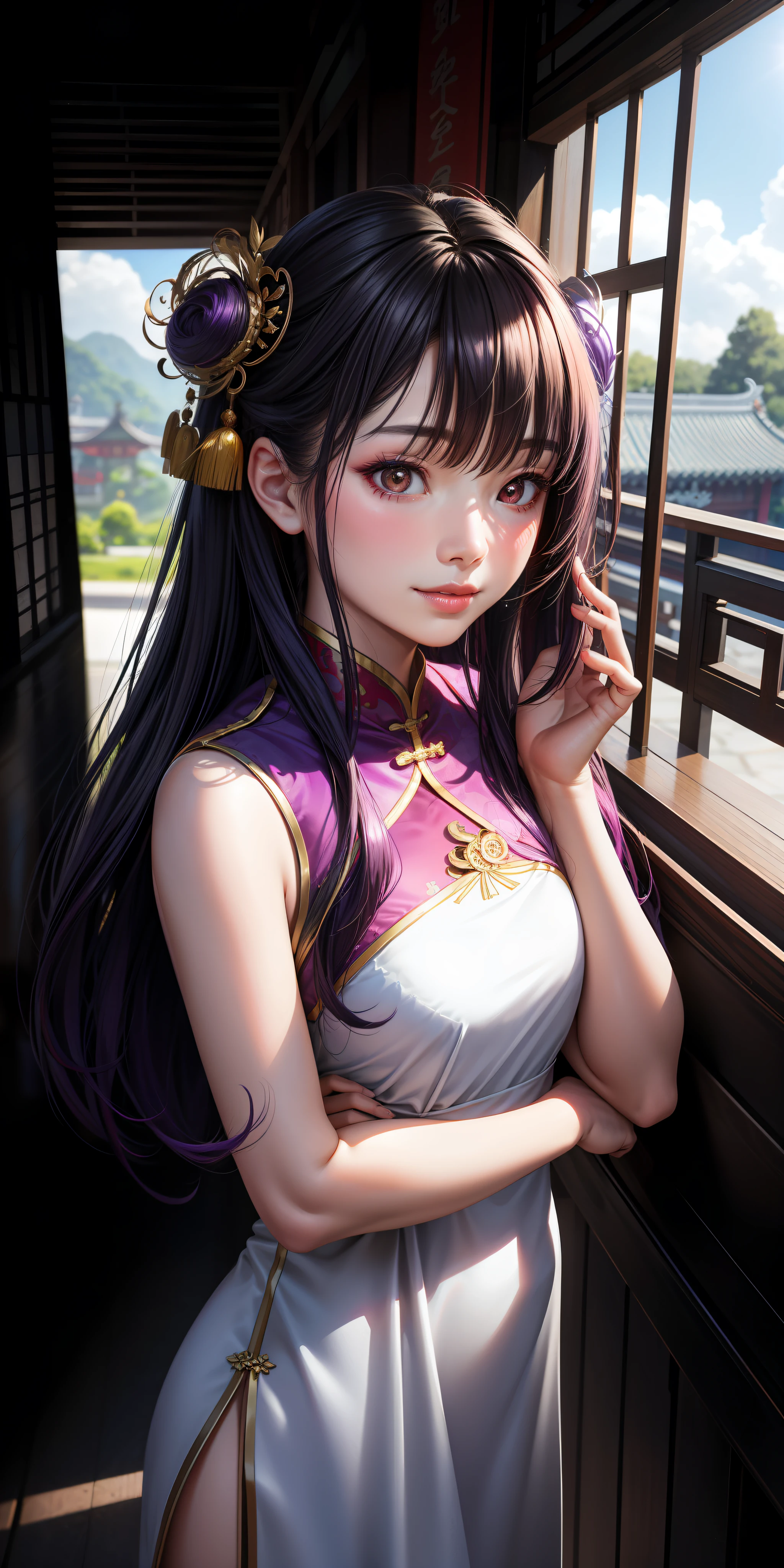 realistic, 1girl, makeup, chinese girl, lips parted, blush, (porcelain dress), light smile, east asian architecture, sun, sunlight, reflection, hair ornament, purple hair