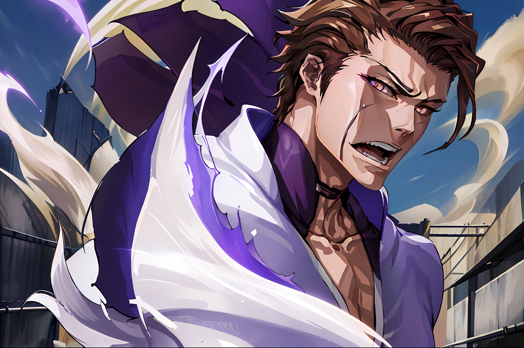 (masterpiece, best quality:1.2),1boy,solo,(Sōsuke Aizen),close up,badass pose,bleach, powerful aura, purple aura,8k,64k, HD, unparalleled masterpiece, dynamic lighting, cinematic, epic