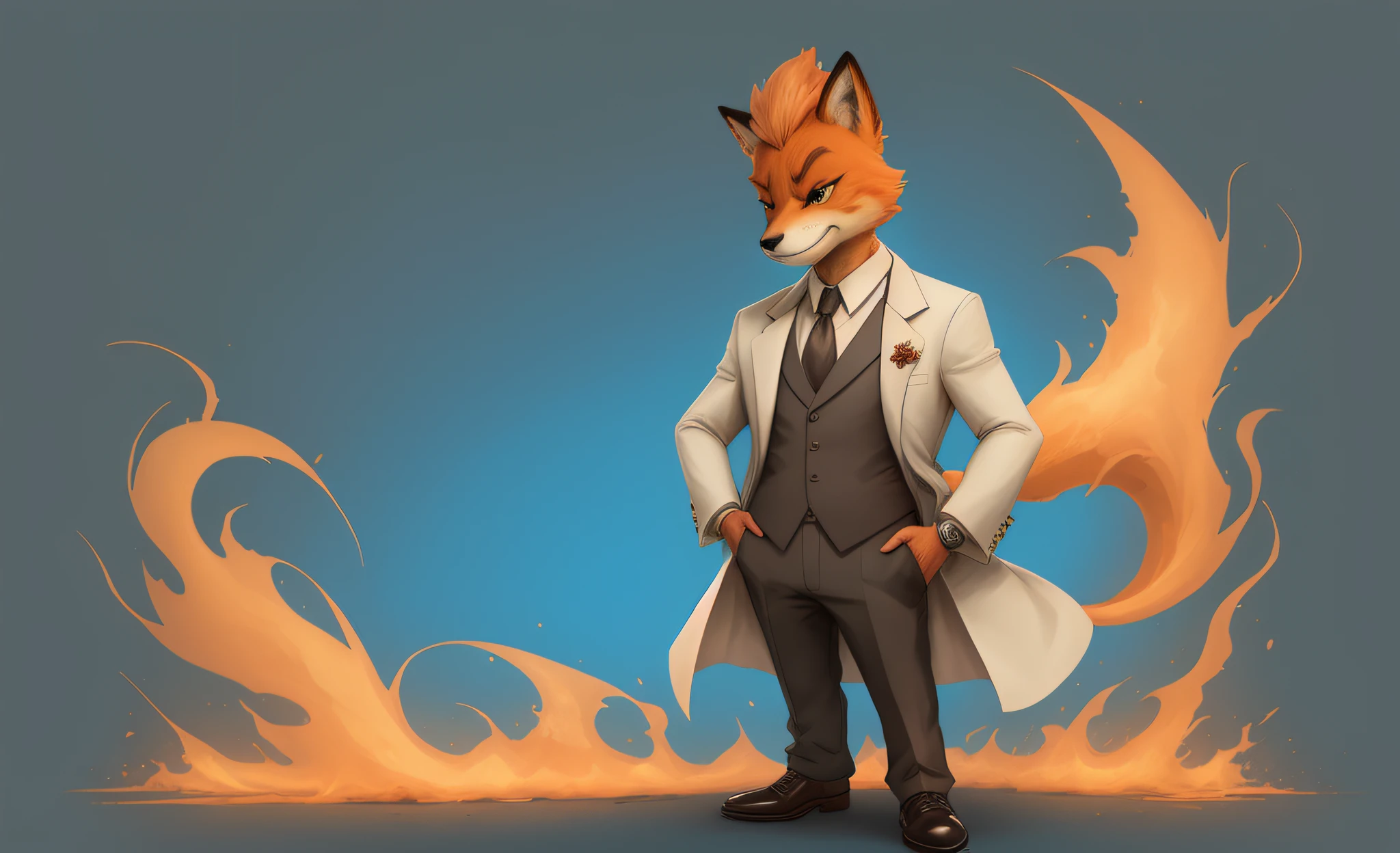 Cartoon of a man in a suit with fox head, stylized Disney furry, zootopy style, fox face in a lab coat,