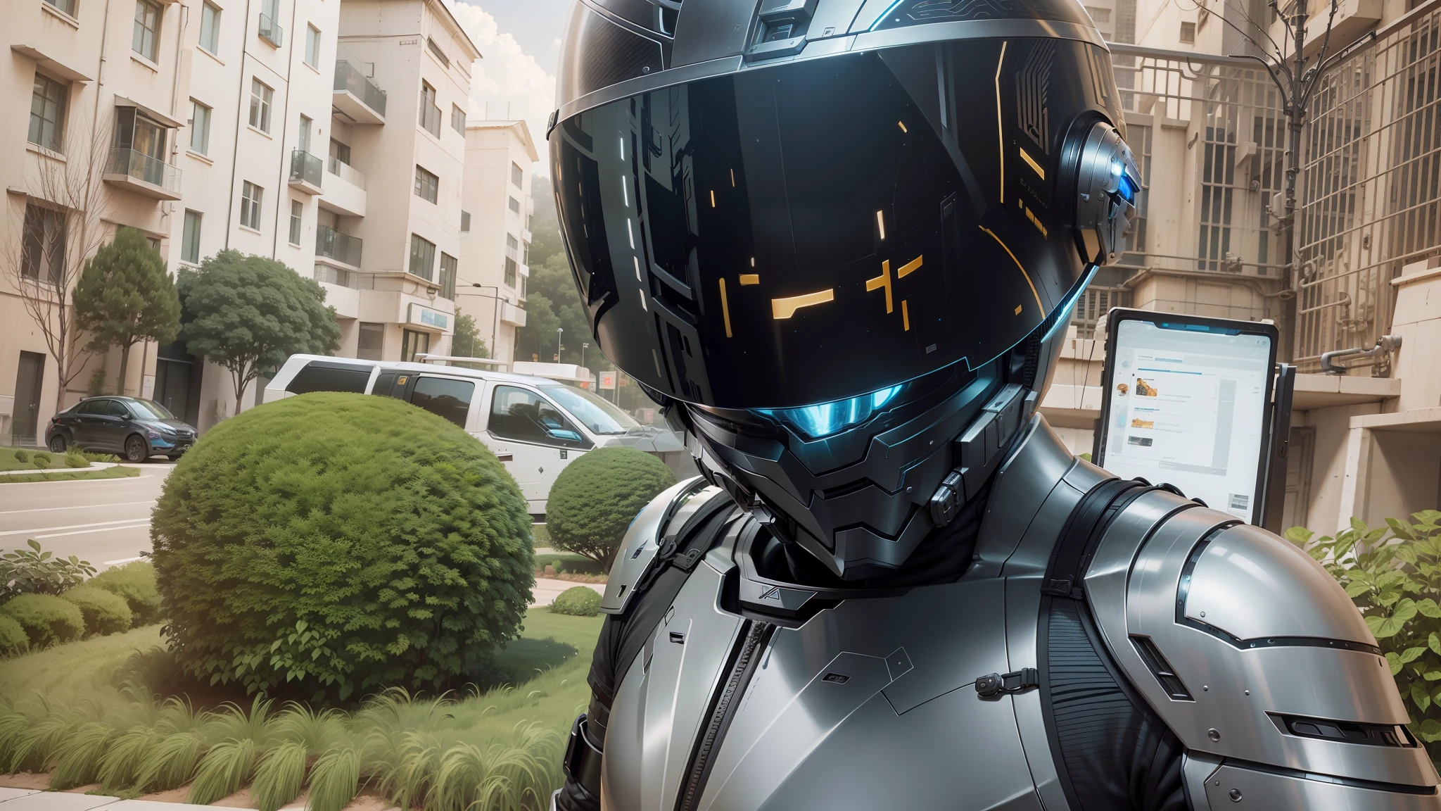 Cyber Male Warrior with Cyber Tech Helmet, Nousr, Biomechanics, MSHN Robot Man, High-Tech Helmet, Surreal, Steel, Intricate Design, Crazy Details, Fine Details, Extremely Clear Lines, Cinematic Lighting, Photo Realistic, Detailed Masterpiece