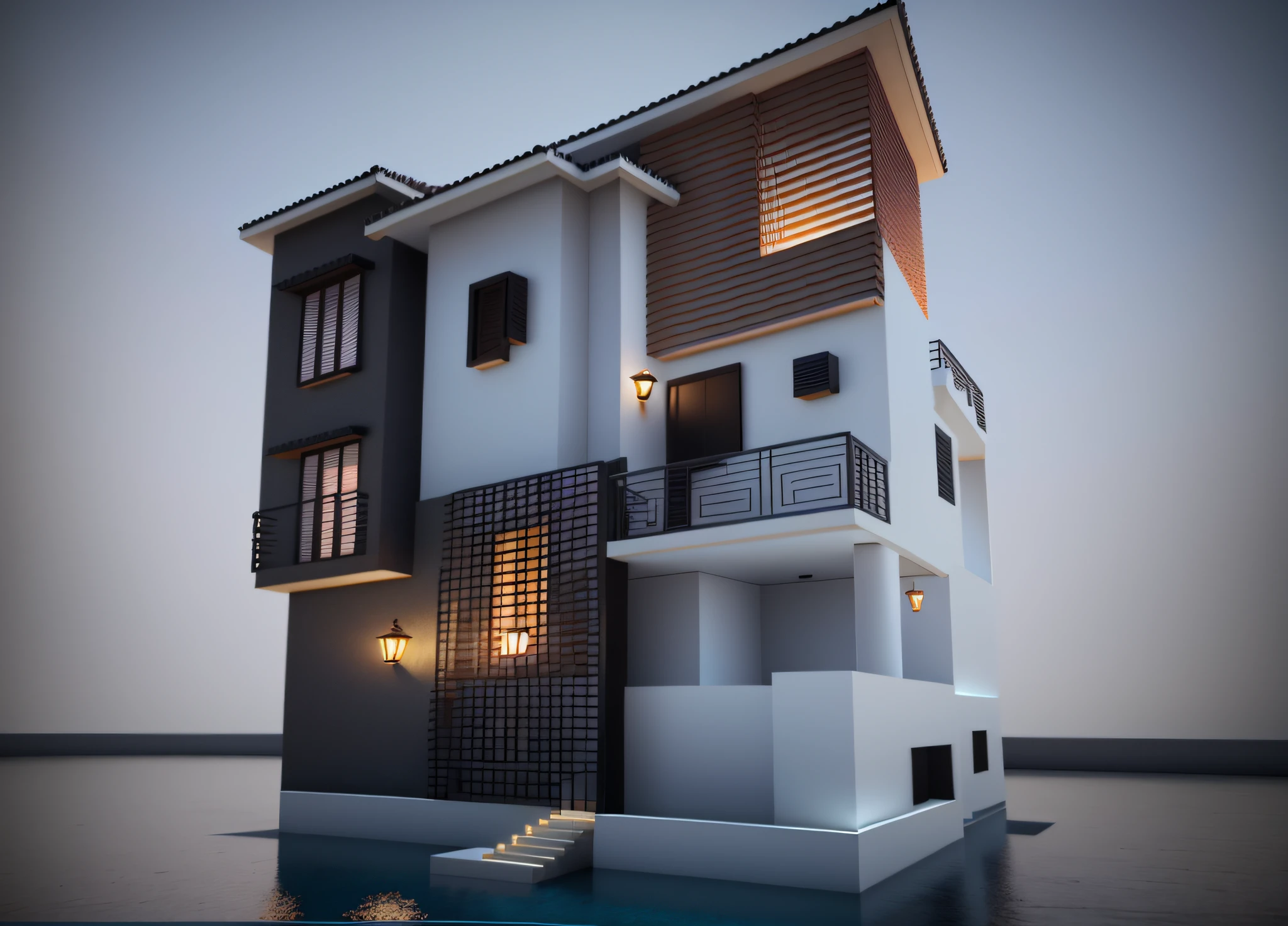 arafed two story building with balcony and balconies on the second floor, complete house, inter dimensional villa, 3 d rendering, 3d rendering, architectural 3 d render, 3 d vray render, very realistic 3 d render, 3 d model, 3d model, complex 3 d render, complex 3d render, rendered in 3 dsmax, rendered