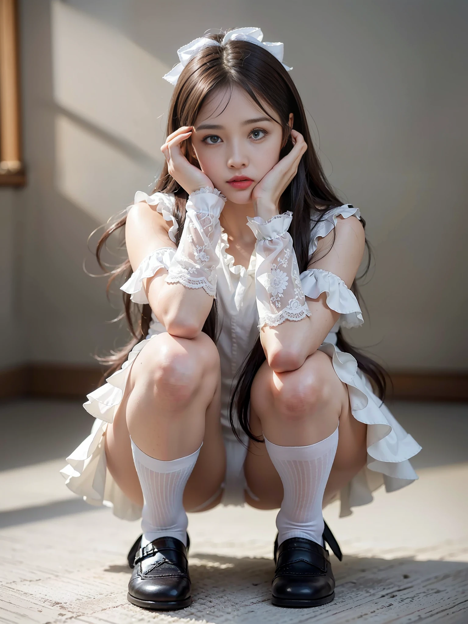(Photoreal: 1.4), (Hyperrealistic: 1.4), (Realistic: 1.3), (Smooth Lighting: 1.05), (Improved Cinematic Lighting Quality: 0.9), 32K, 1 female, 24 year old female, Realistic lighting, Backlight, Face Lights, Ray Tracking, (Bright Light: 1.2), (Quality Improvement: 1.4), ( Top quality realistic textured skin: 1.4), fine detailed eyes, detailed face, fine quality eyes, dark brown eyes, (tired, sleepy and satisfied: 0.0), pale lighting, white background, floral pattern, ruffles, ribbon, white blouse, dark blue tight skirt, dark brown hair, squatting holding knees, white silk socks, loafers