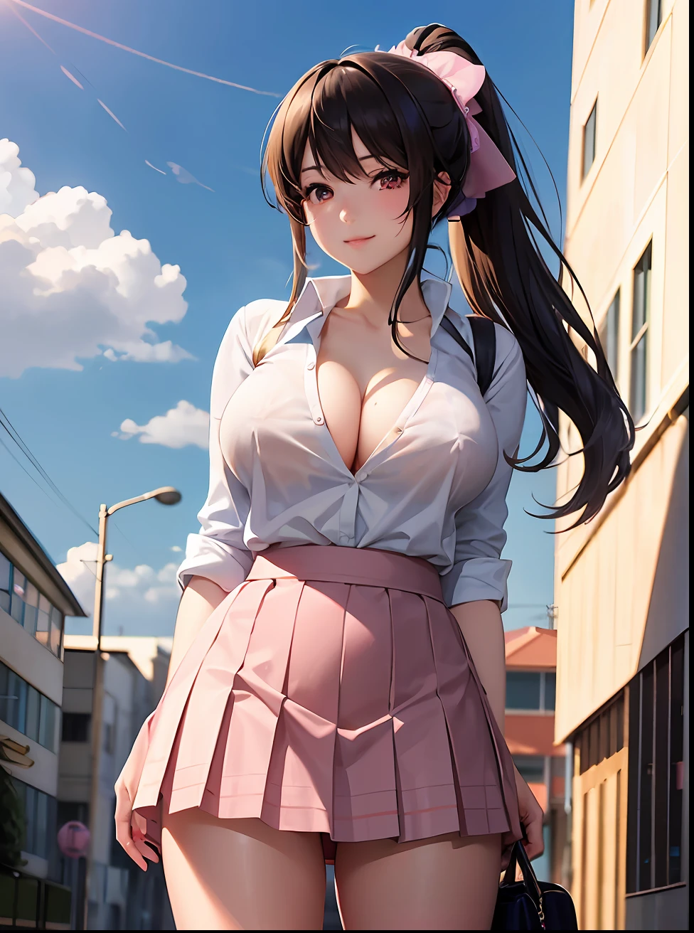 Image in high quality, best quality, best definition, 8k, A schoolgirl wearing a white blouse and green plaid skirt, bare breasts, large breasts, cleavage, with long black hair, shiny and silky that reaches to the middle of the back with her ponytail, twisted eyes, long eyelashes, good style, pose that emphasizes large breasts, smiling with her cheeks slightly pink with a light blush, extremely detailed eyes, naughty big breasts, naughty thighs, naughty anime style, beautiful high school anime, surreal high school, surreal high school, seductive anime, realistic high school, big boobs, naughty anime style, naughty thighs, soft anime CG art, surreal school girl, seductive anime girl, realistic school girl, soft CG anime art, anime girl, beautiful anime school girl, beautiful anime girl, beautiful charming anime girl, ecchi anime style, photorealistic rendering of anime girl,