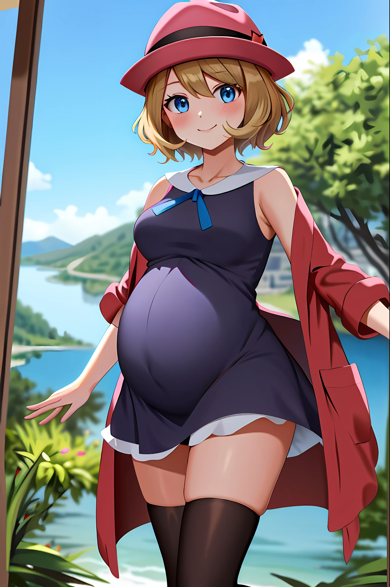 masterpiece, best quality, highres, serena \(pokemon\), short hair, blue eyes, 1girl, solo, blue ribbon, eyelashes, black thighs, neck ribbon, sleeveless, bangs, collarbone, bare arms, pink dress, red coat, pink hat, outdoor, standing by a lake, pregnant, blushing, smile, long stockings, black stockings, mid-thigh stockings, medium-sized female breasts,  Neckline, large and rounded belly, advanced pregnancy, detailed background, background of great details.
