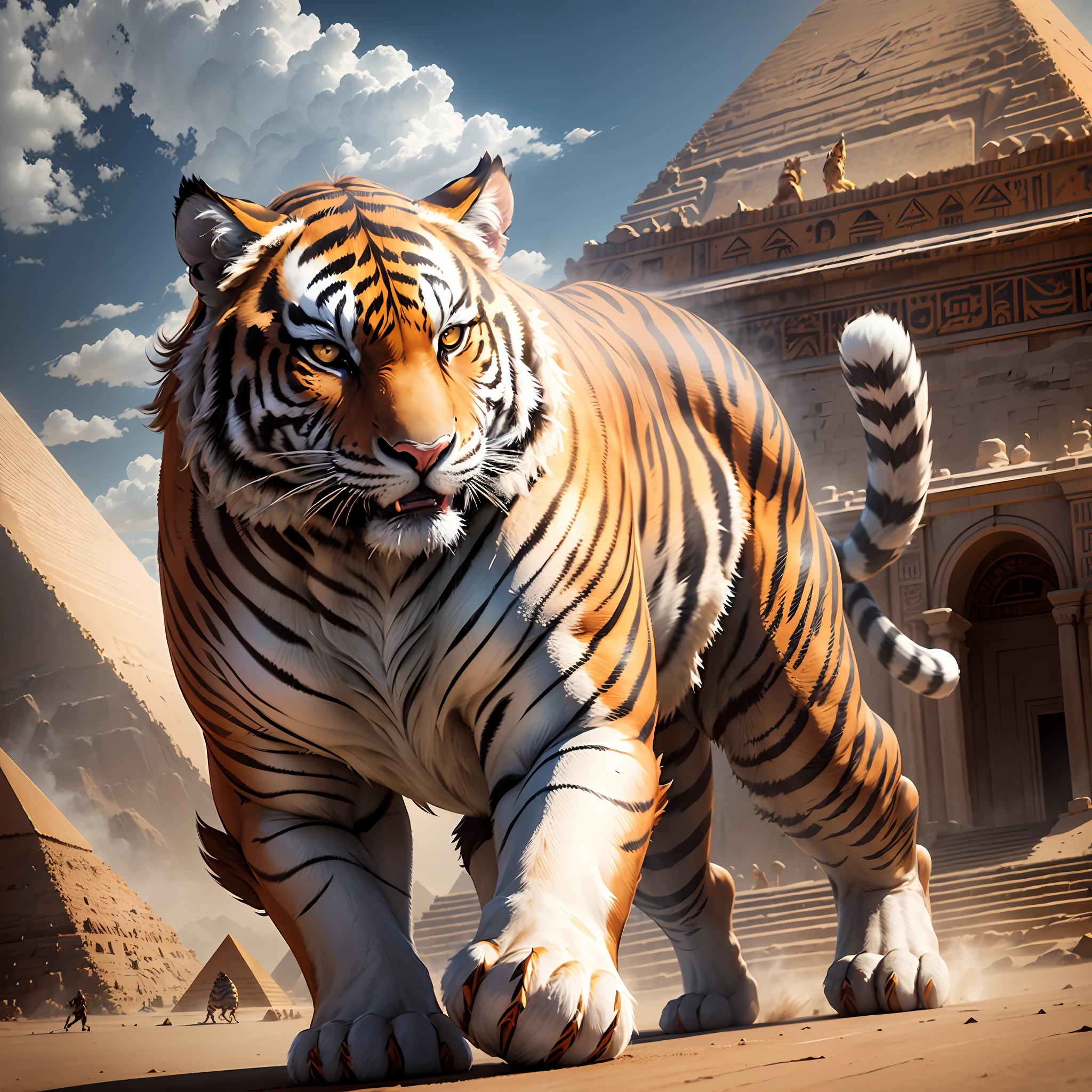 running in front of a pyramid with a pyramid in the background, white tiger, 3D render and matte painting, animal photo of digital art, egyptian environment, egyptian, anthropomorphic tiger, tigerman, majestic matte painting, tiger_beast, king of the desert, depicted as a 3D render, tiger, in matte painting, pouring --auto --s2