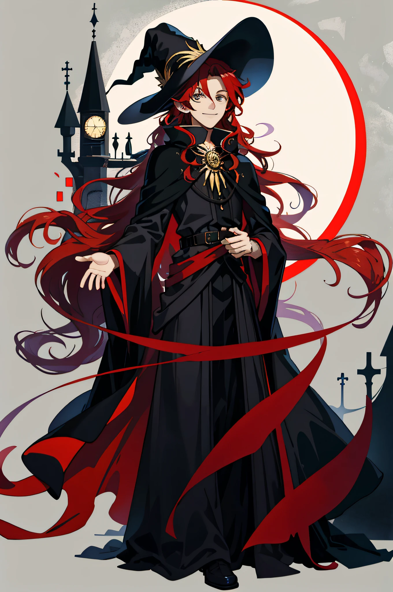 Masterpiece, best quality, 1 male, teenager, delicate eyes, long curly red hair, delicate face, smile, gentle smile, black witch dress, wizard hat, dark night, red moon, full body