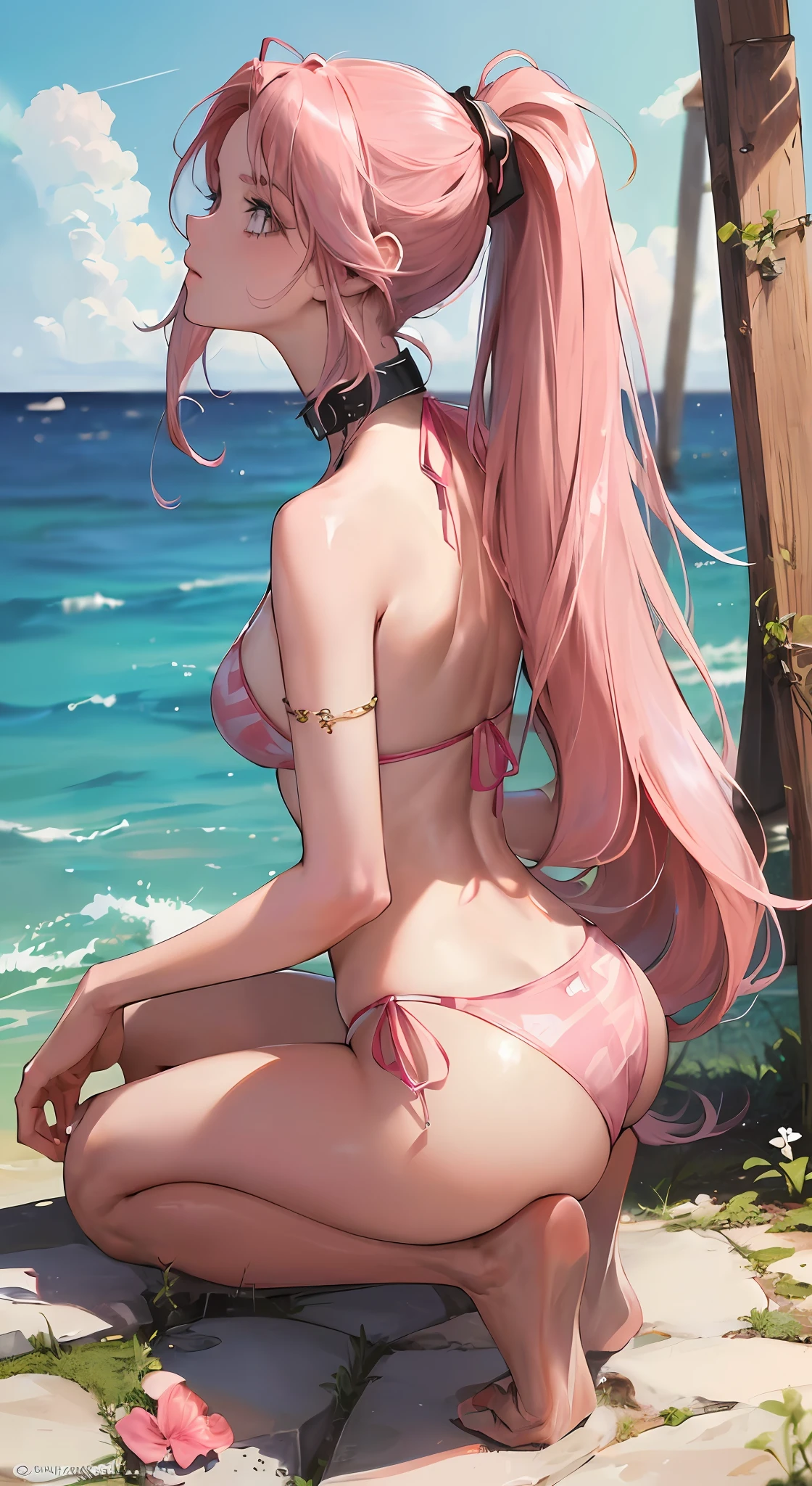 (Masterpiece, Top Quality, Best Quality, Official Art, Beauty and Aesthetics: 1.2), (1 Beautiful Slave: 1.3), (Slave Collar: 1.3) (Long Pink Hair, Ponytail) (Kneeling,: 1.2) (Bikini: 1.3), Square Background, Marble, Face Close-up, Face Close-up