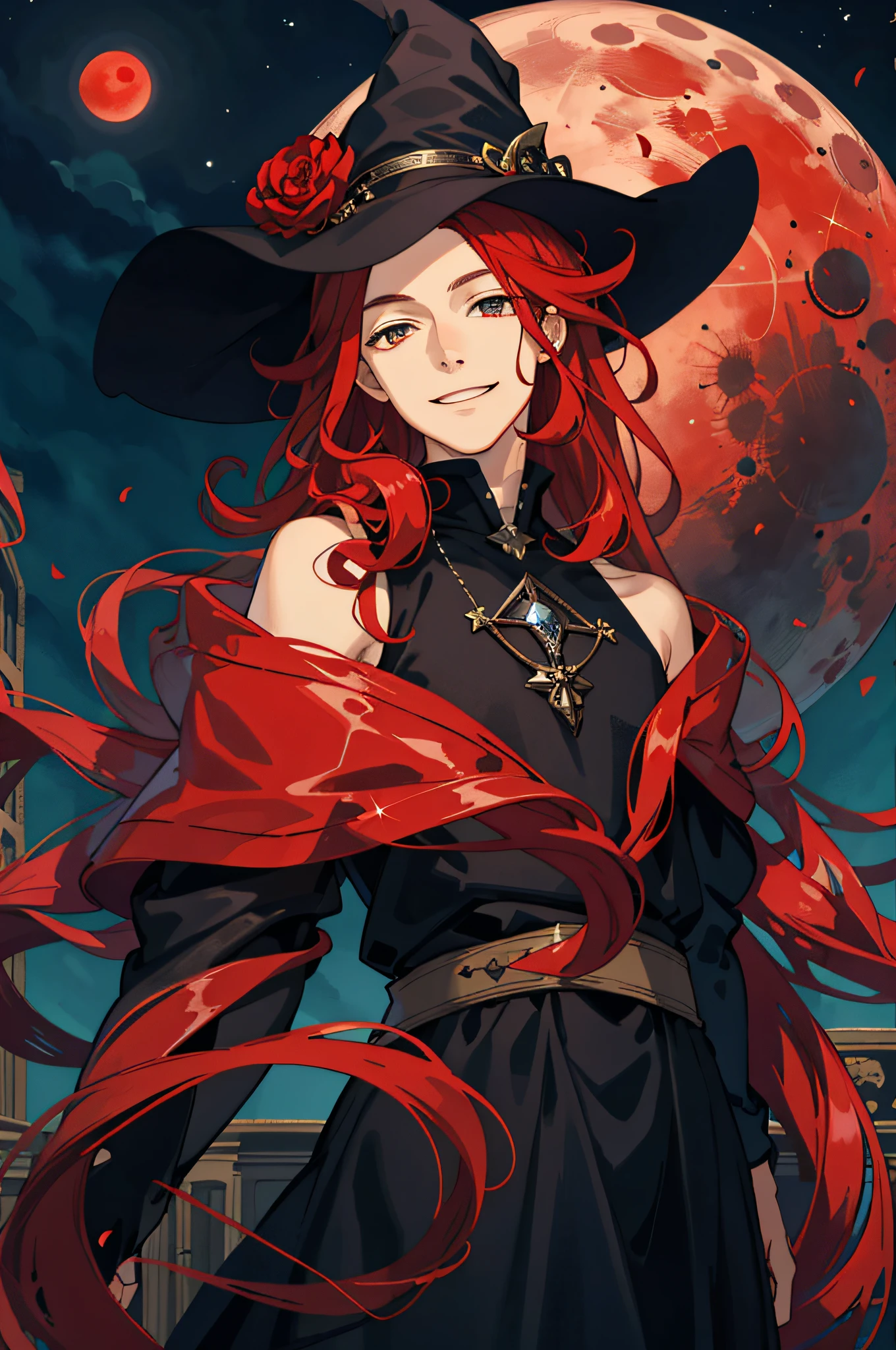 Masterpiece, best quality, 1 male, teenager, delicate eyes, long red curly hair, delicate face, smile, gentle smile, black witch dress, wizard hat, dark night, red moon, naked, bare shoulders