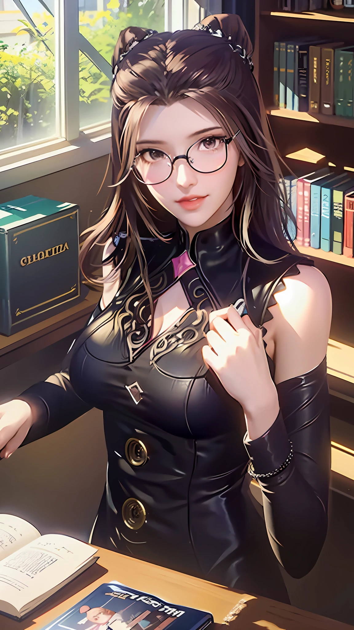 (character details + style) female teacher, (details) half-body, holding glasses frames, (lens effect + lighting + scene) light and shadow interlaced, by the window, the sun is warm, flowers are green, bookshelves are dazzling, students' desks are scattered with teaching stationery and textbooks, and the classroom air is fresh.